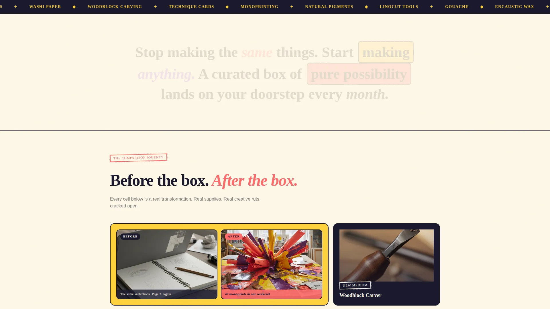 Arts & Crafts Subscription Box Bento Grid Landing Page