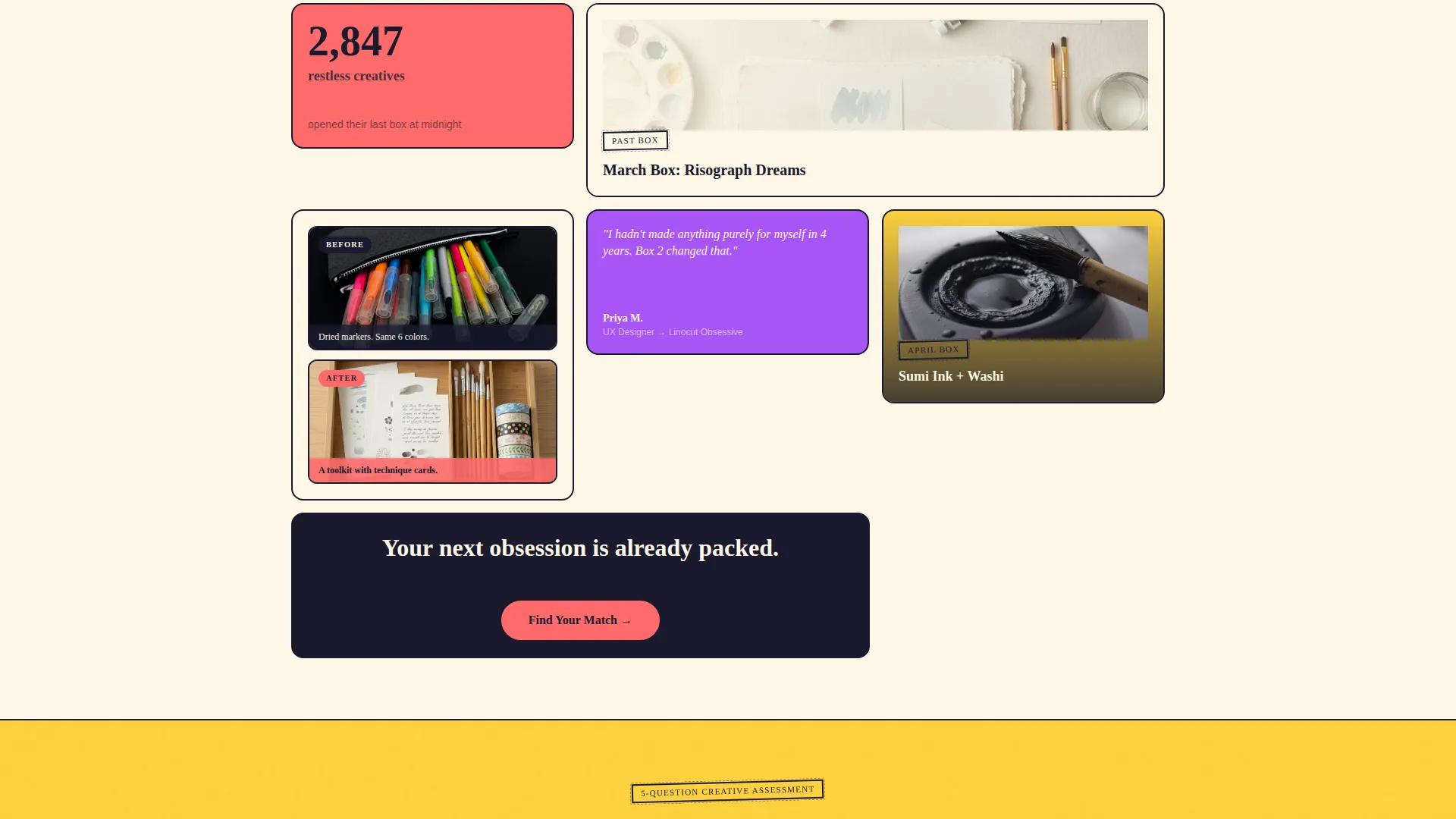 Arts & Crafts Subscription Box Bento Grid Landing Page