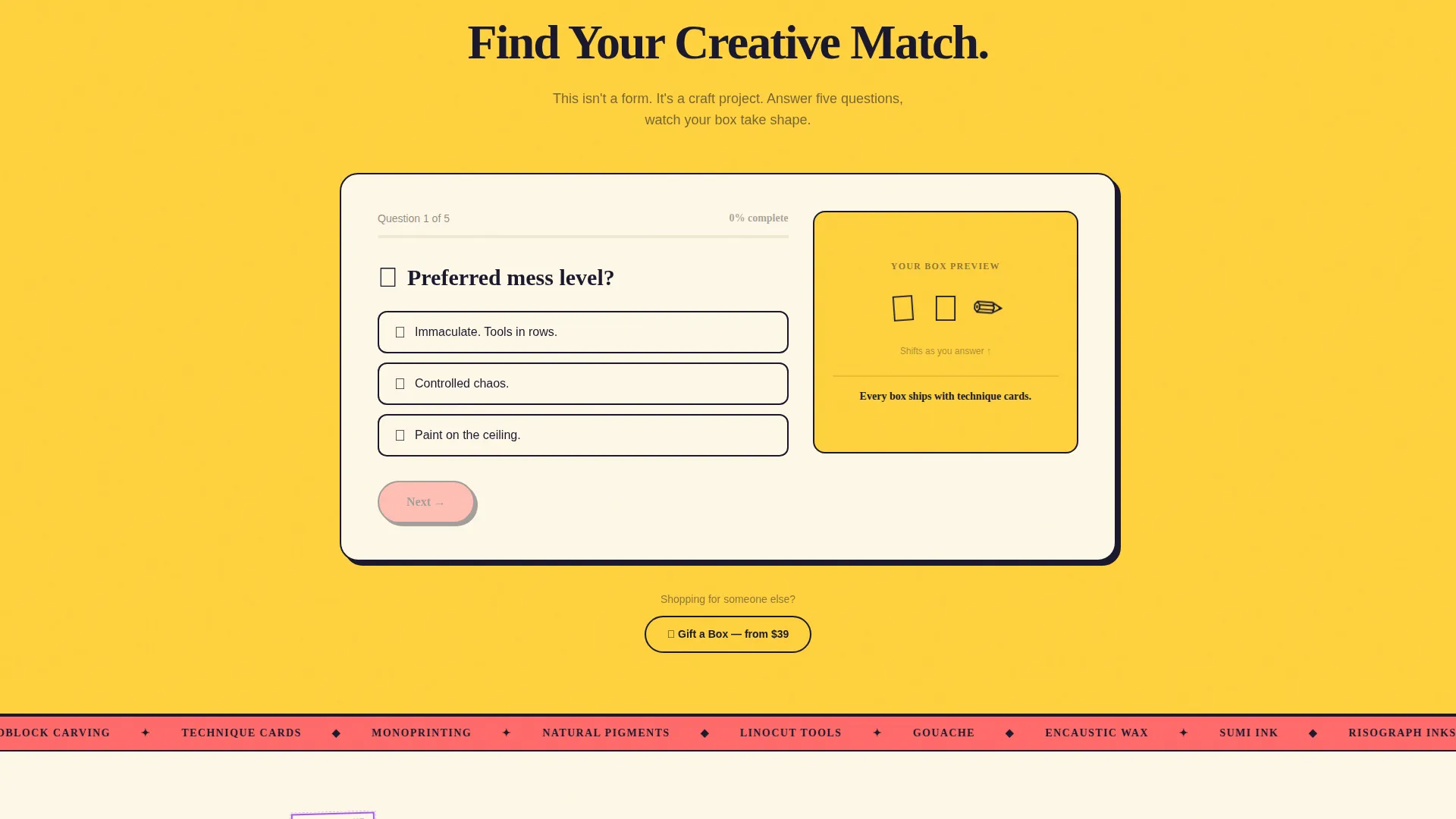 Arts & Crafts Subscription Box Bento Grid Landing Page