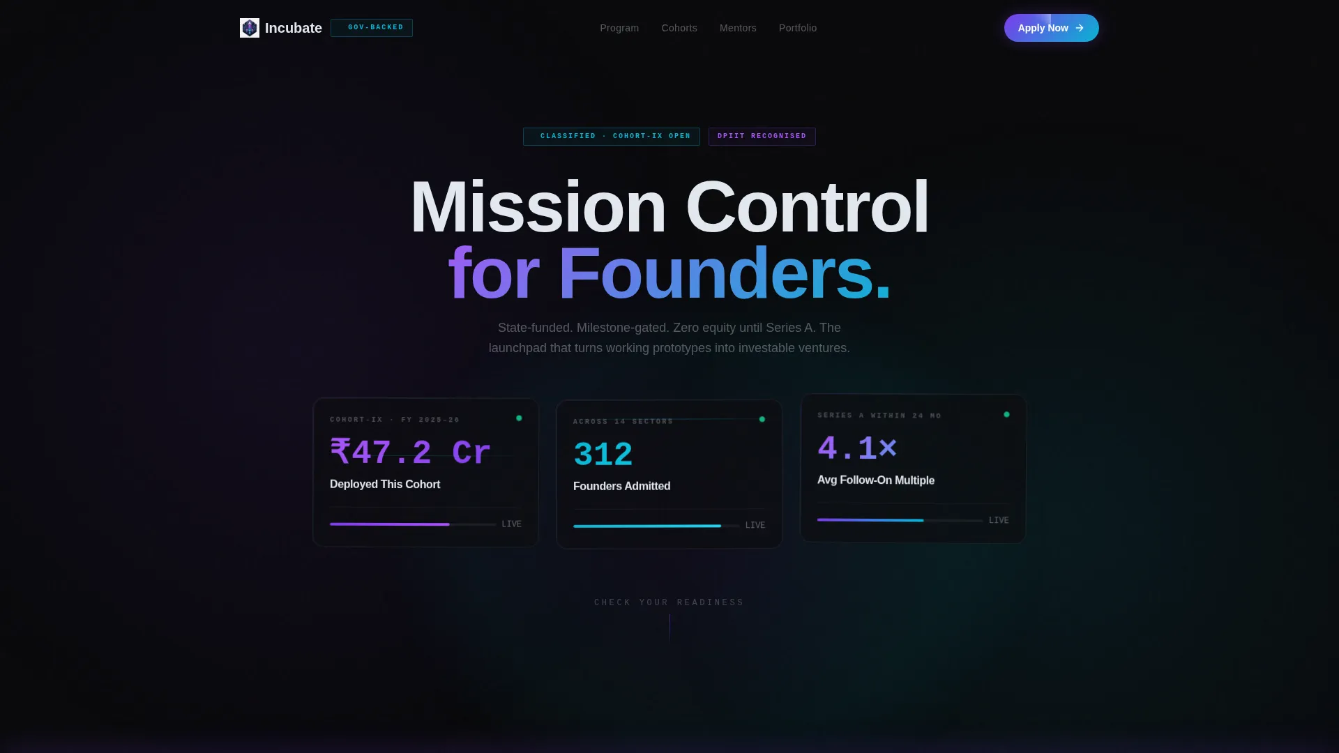 Government-Backed Incubator Founder Readiness Score Website Template