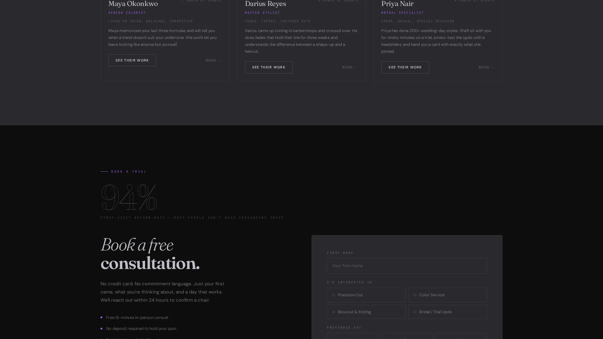 Hair Salon Specialist Booking Website Template
