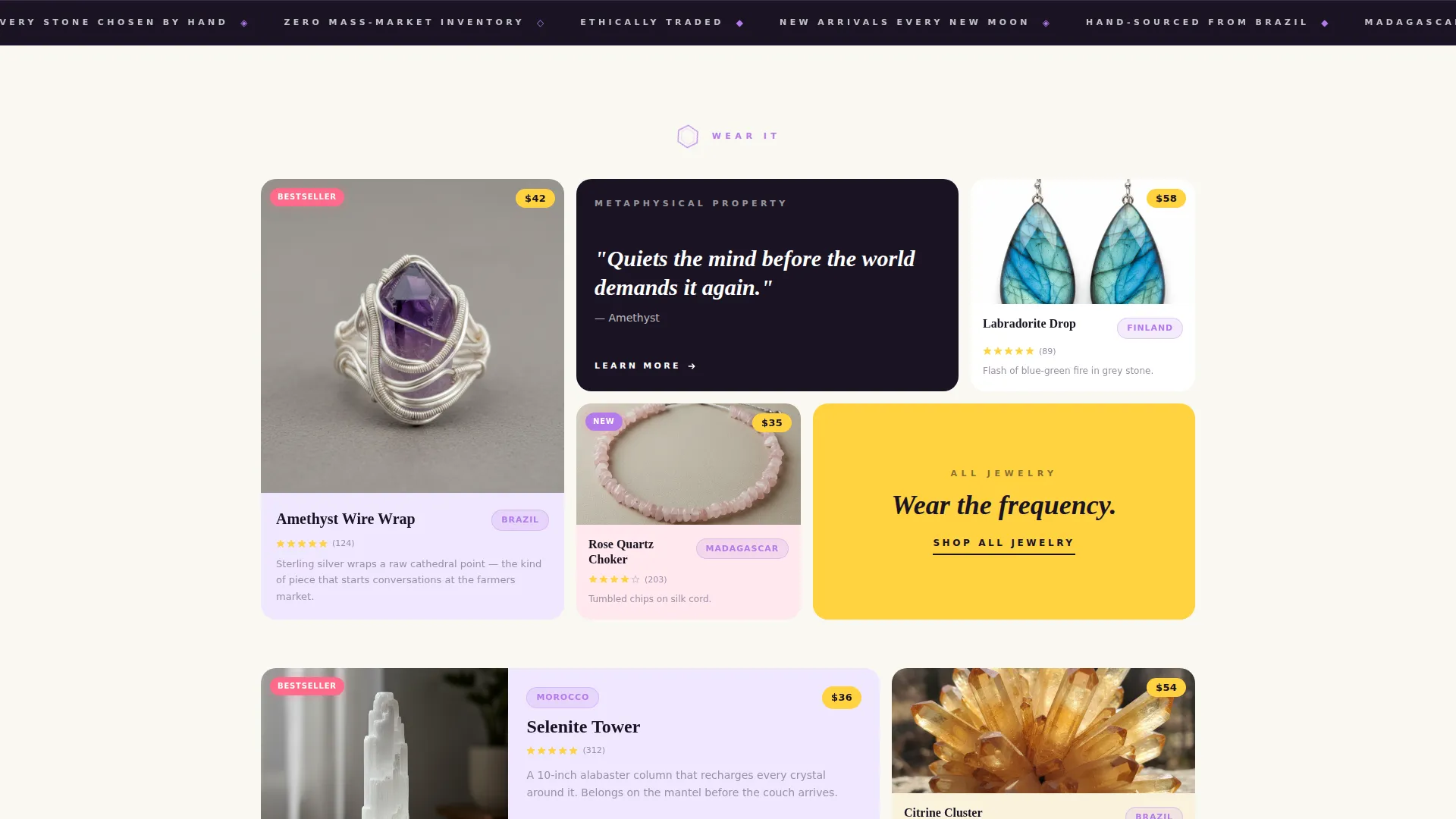 Bento Grid Crystal Store Landing Page Template