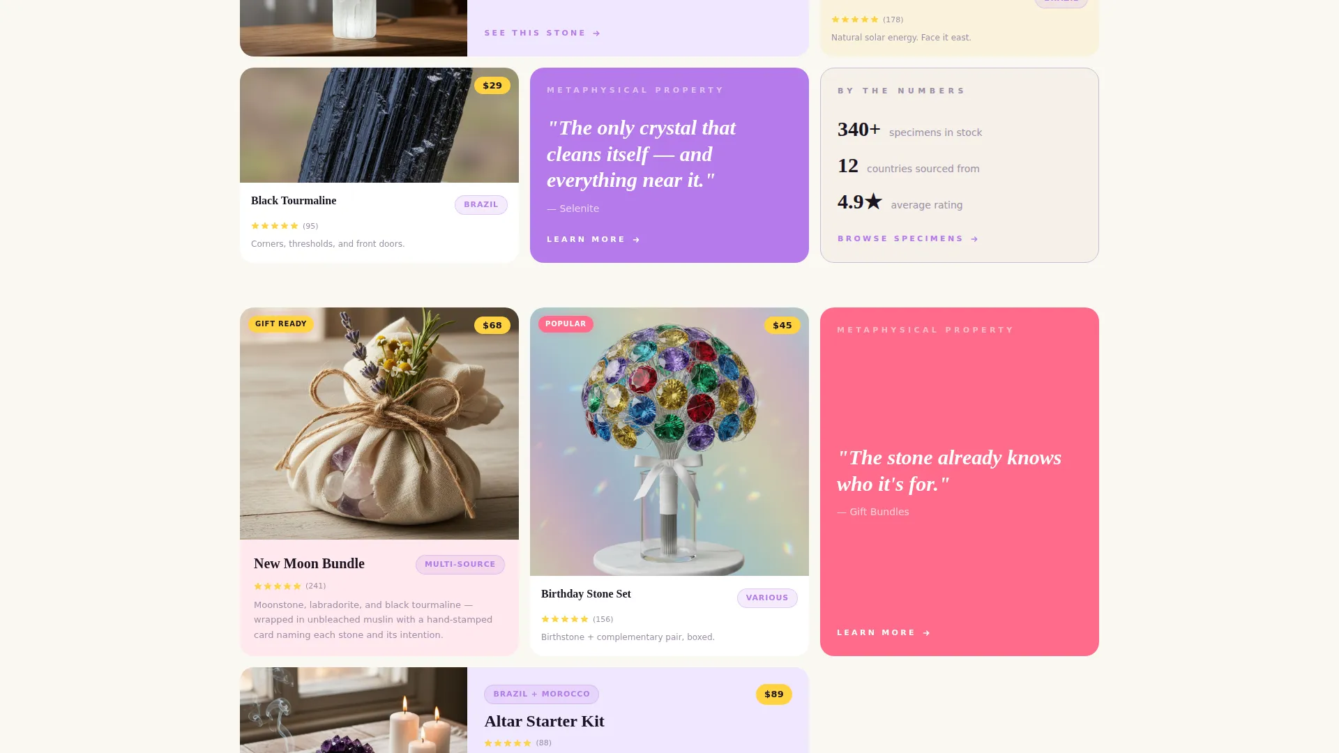 Bento Grid Crystal Store Landing Page Template