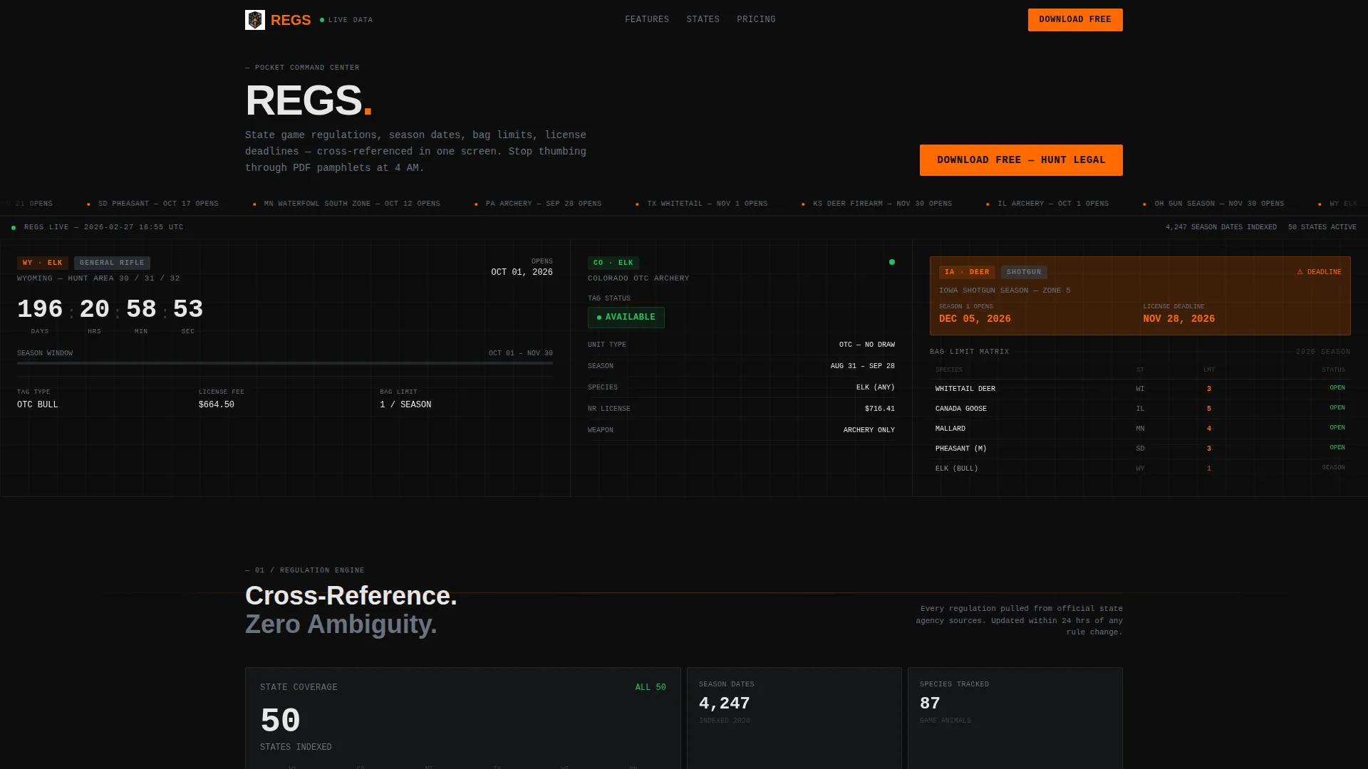 Hunting Season & Regulation App Landing Page Template