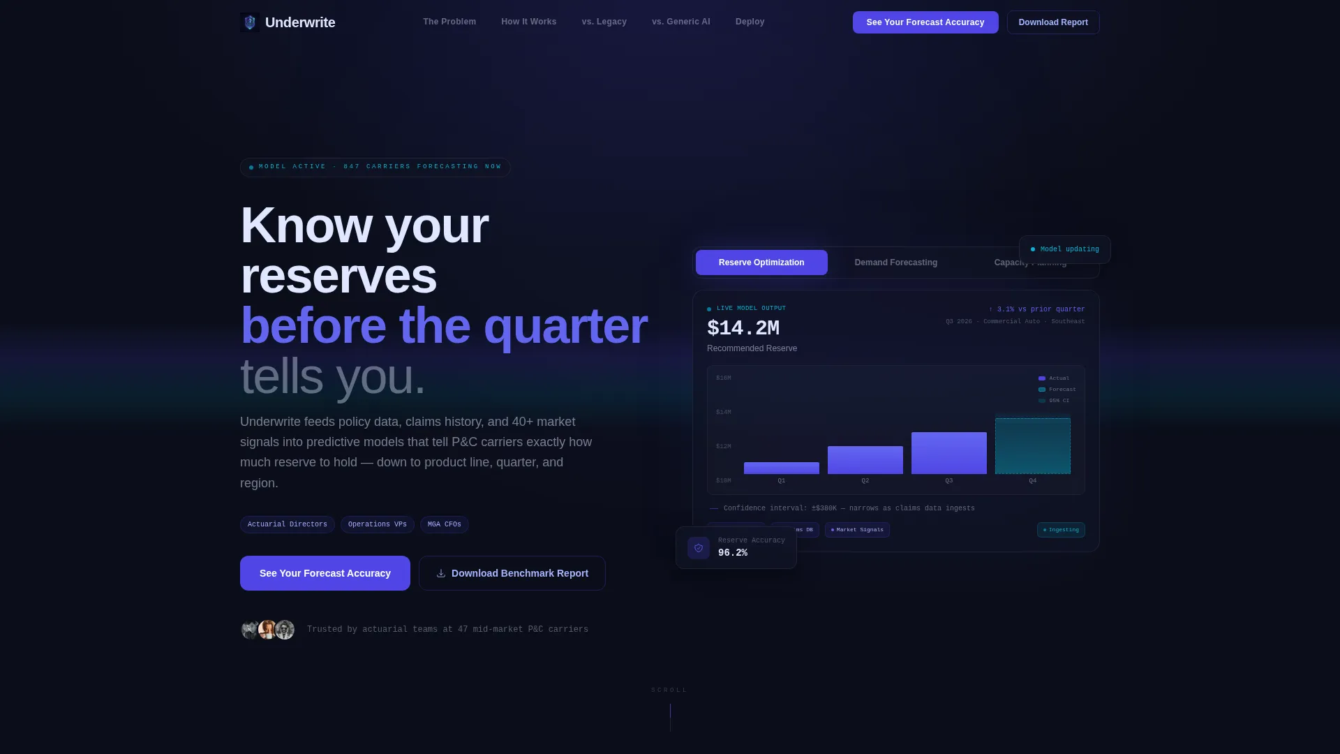 Insurance AI Reserve Forecasting Landing Page