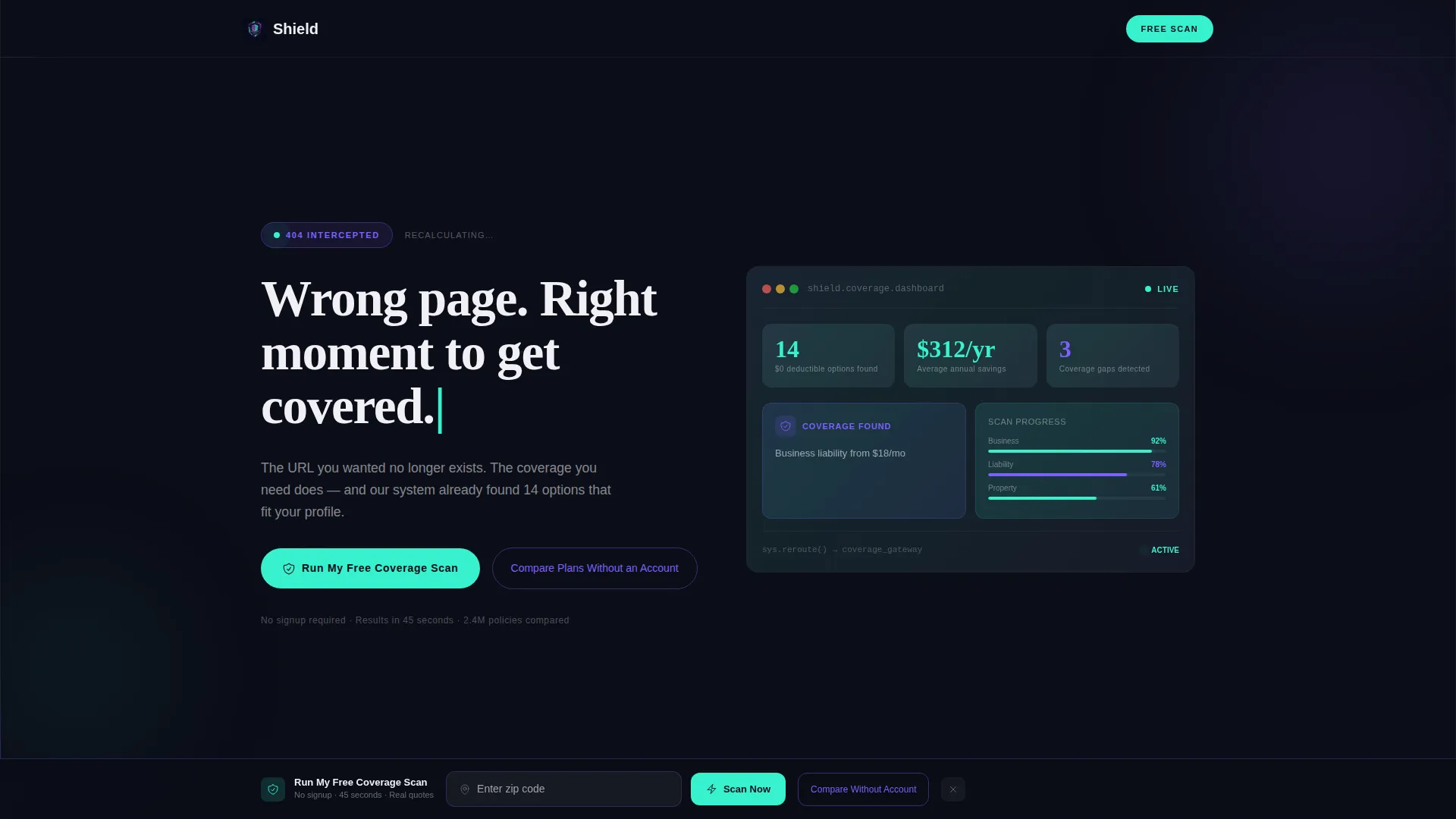 Insurance Agency 404 Error Coverage Recovery Website Template