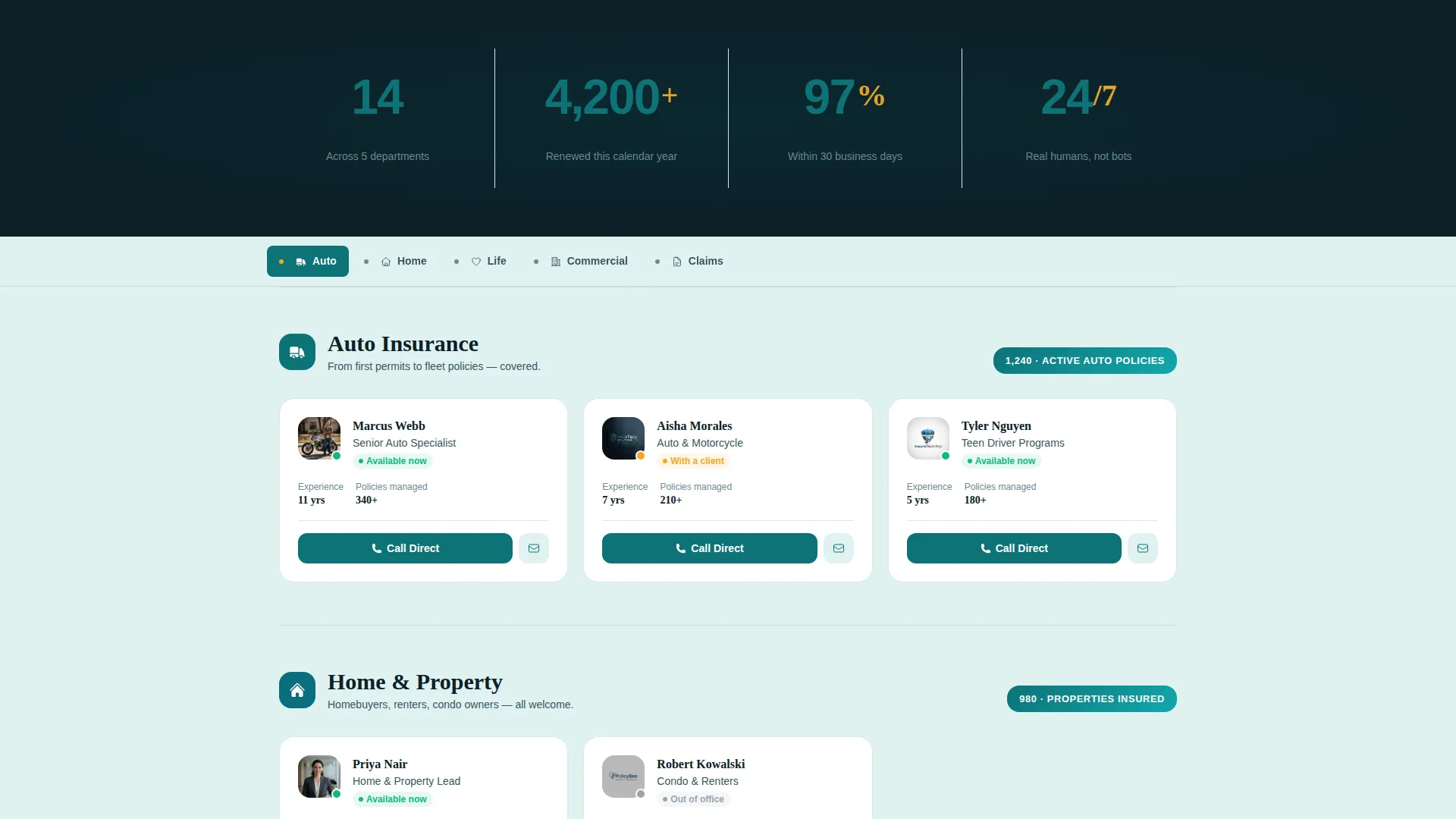Insurance Agency Multi-Department Agent Finder Website Template
