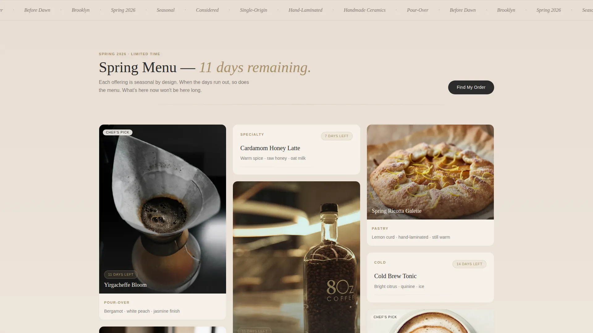 Artisan Café Landing Page Template with Quiz and Masonry Grid