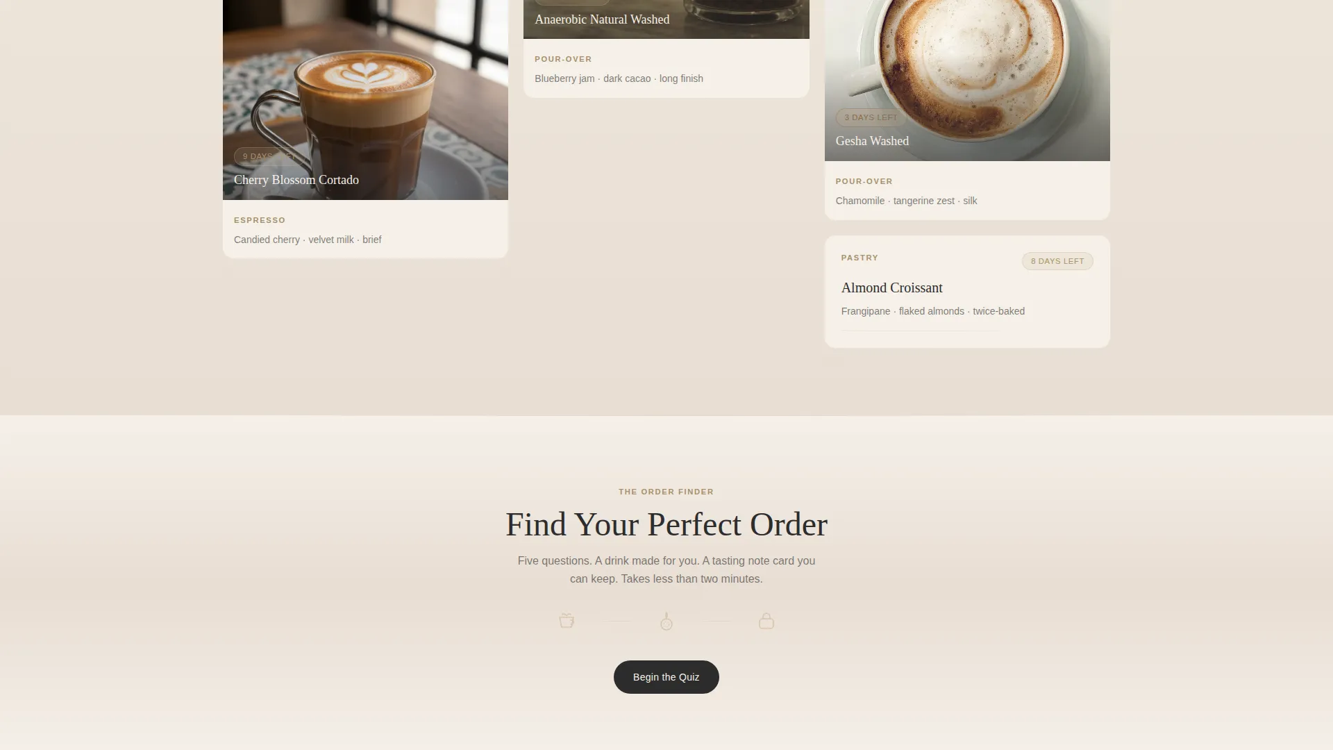 Artisan Café Landing Page Template with Quiz and Masonry Grid
