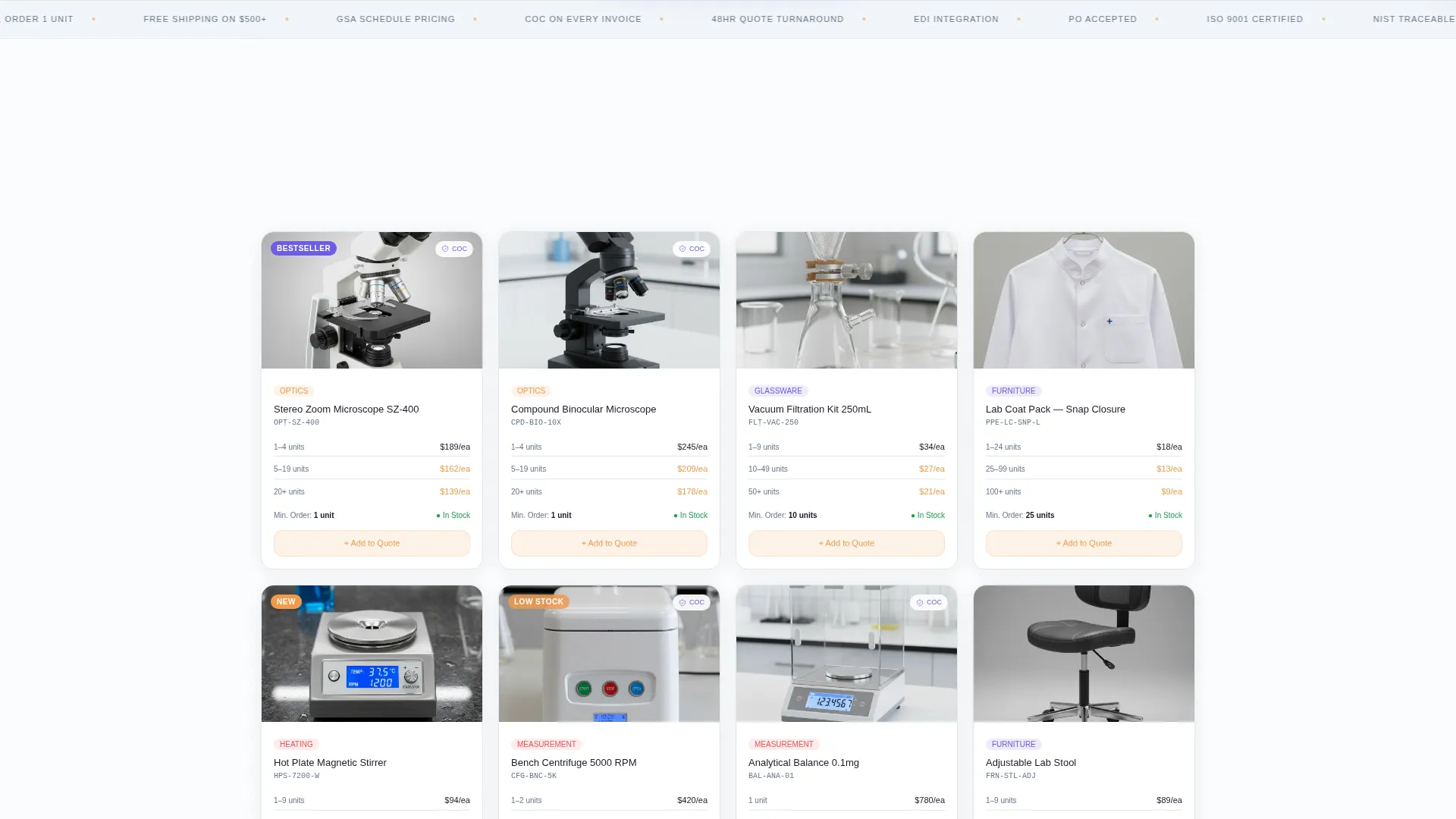 Science Equipment Wholesale Marketplace Landing Page