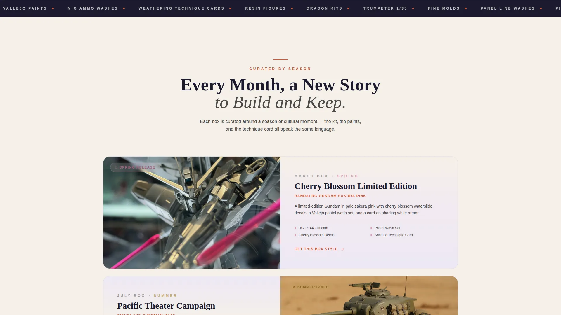 Seasonal Model Kits Subscription Box Landing Page