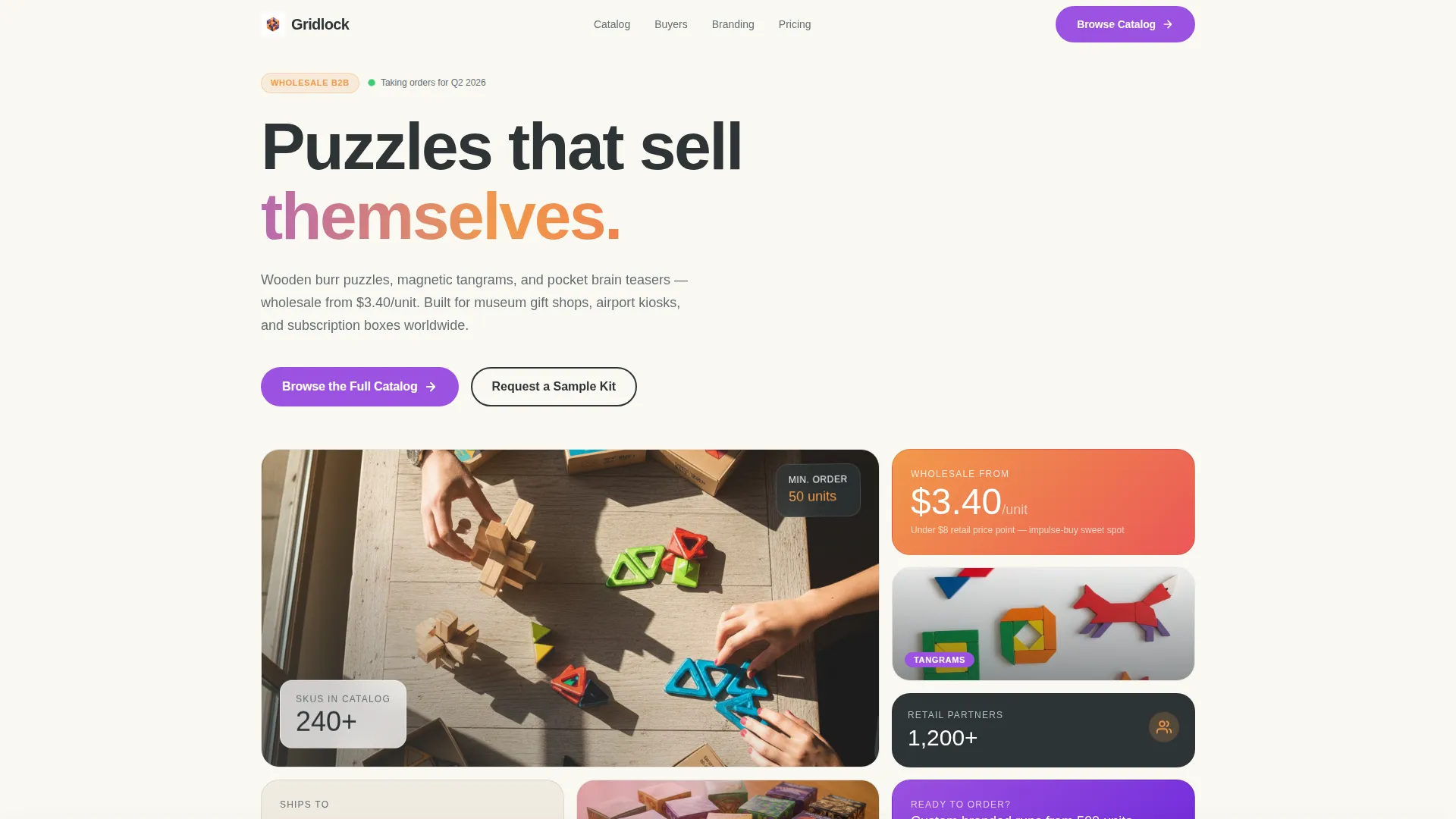Playful Wholesale Puzzles Bento Grid Landing Page