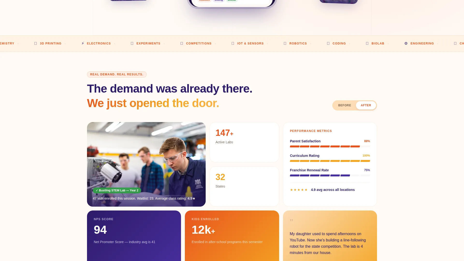 STEM Franchise Landing Page Template | Bento Grid