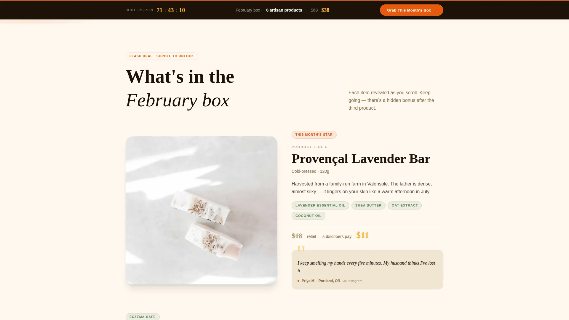 Artisan Bath Products Subscription Box Landing Page