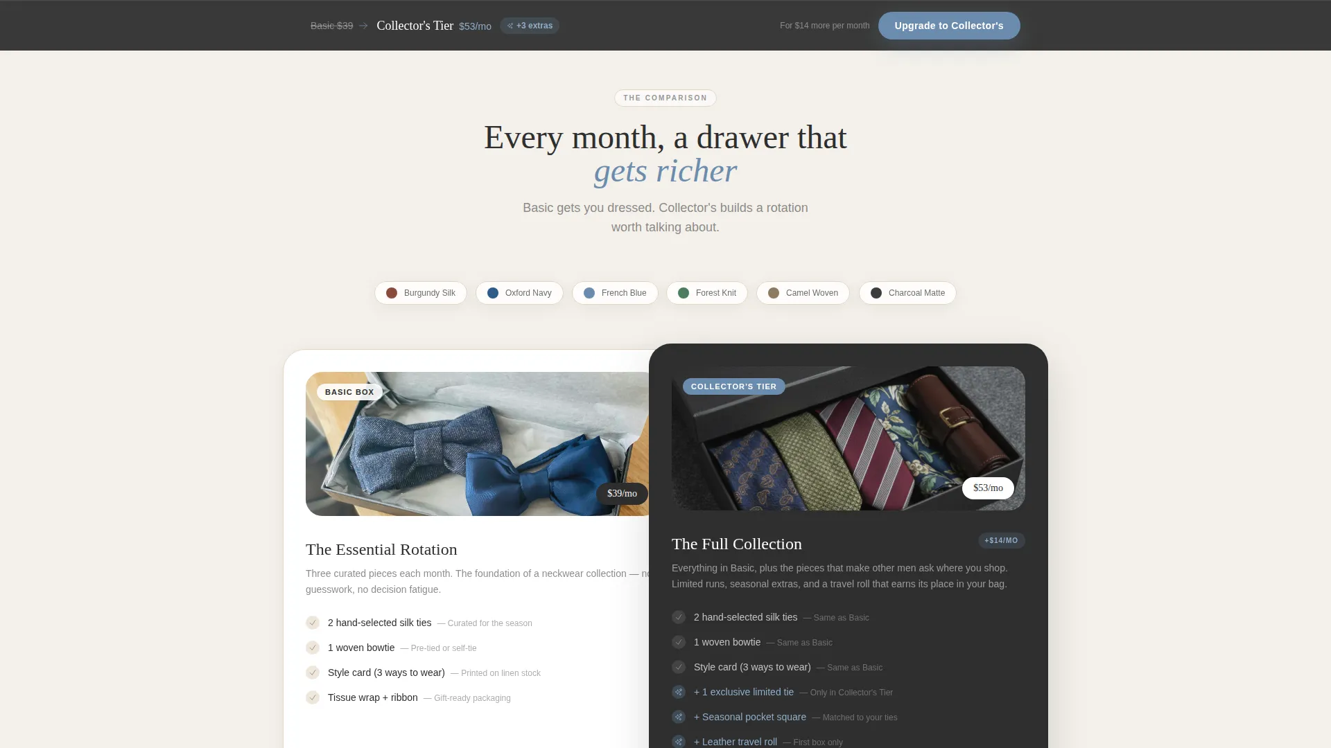 Curated Neckwear Subscription Box Landing Page