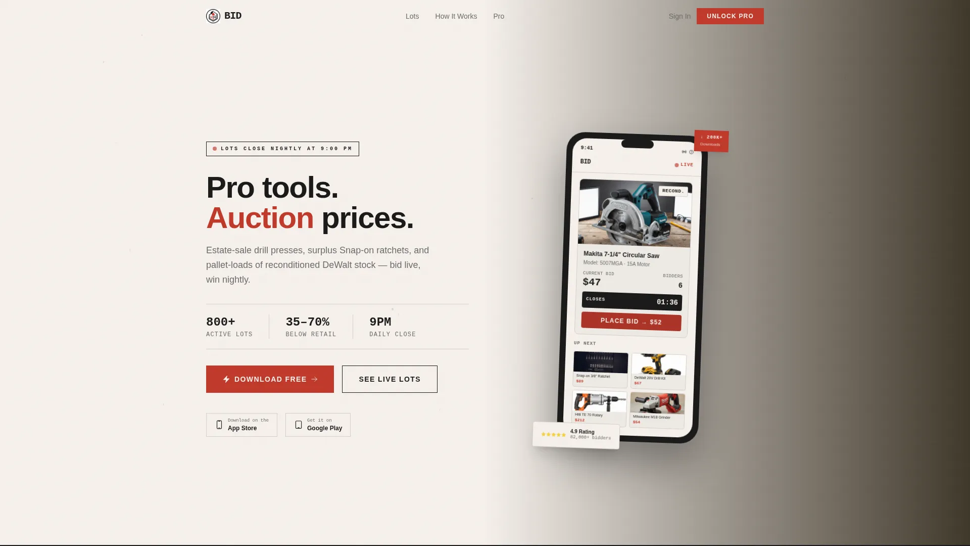 Tools Auction Landing Page Template | Marketplace Grid