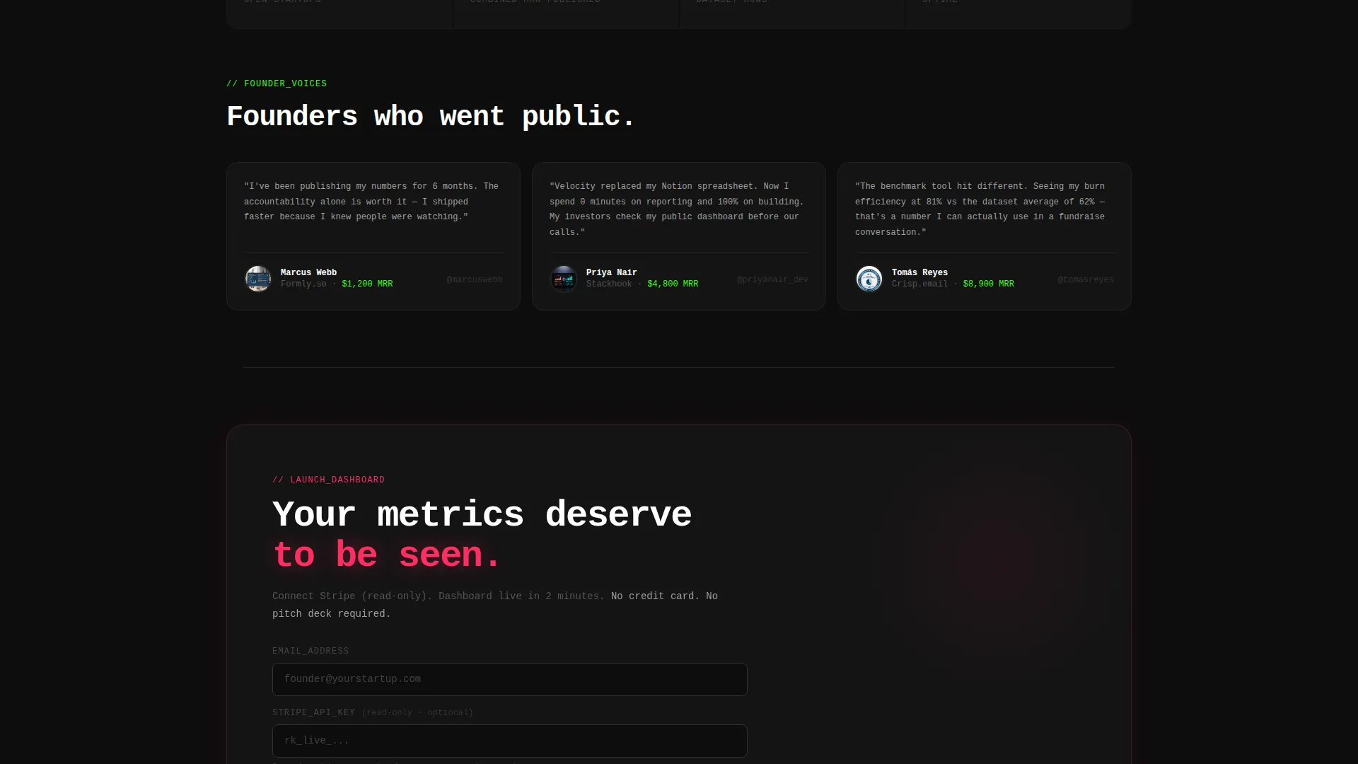 Live Metrics & Open Startup Transparency Landing Page