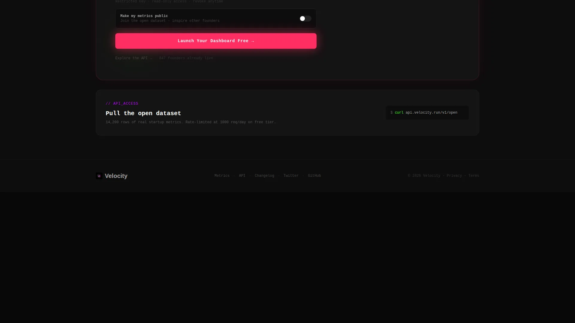 Live Metrics & Open Startup Transparency Landing Page