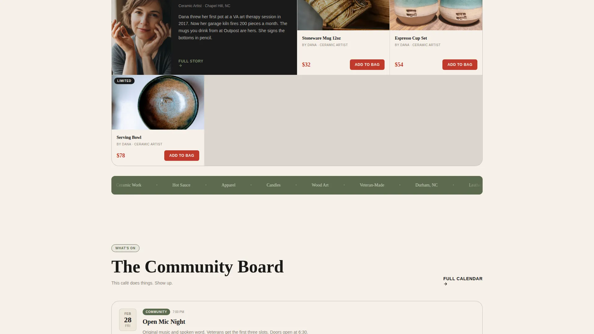 Veteran-Owned Café Bento Grid Landing Page Template