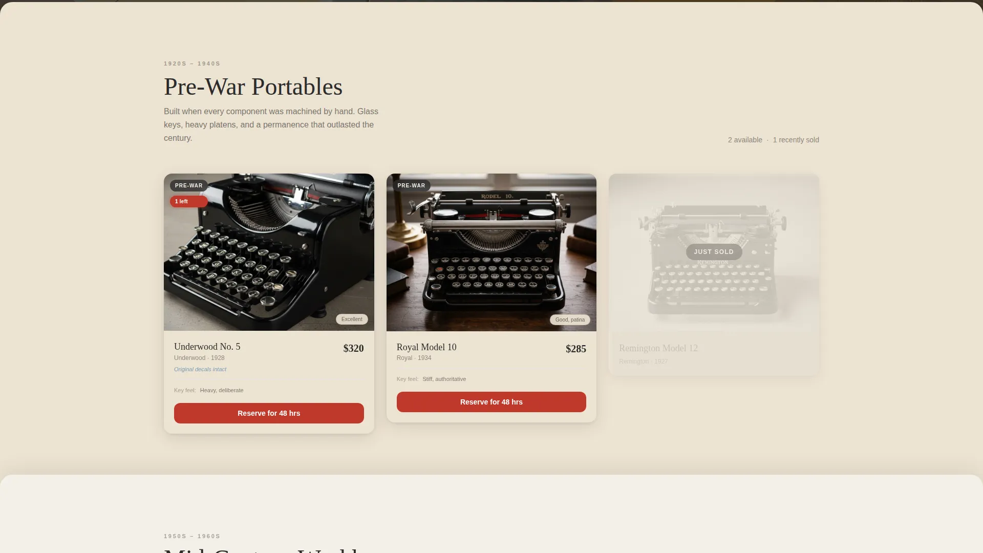 Curated Vintage Typewriter Marketplace Landing Page