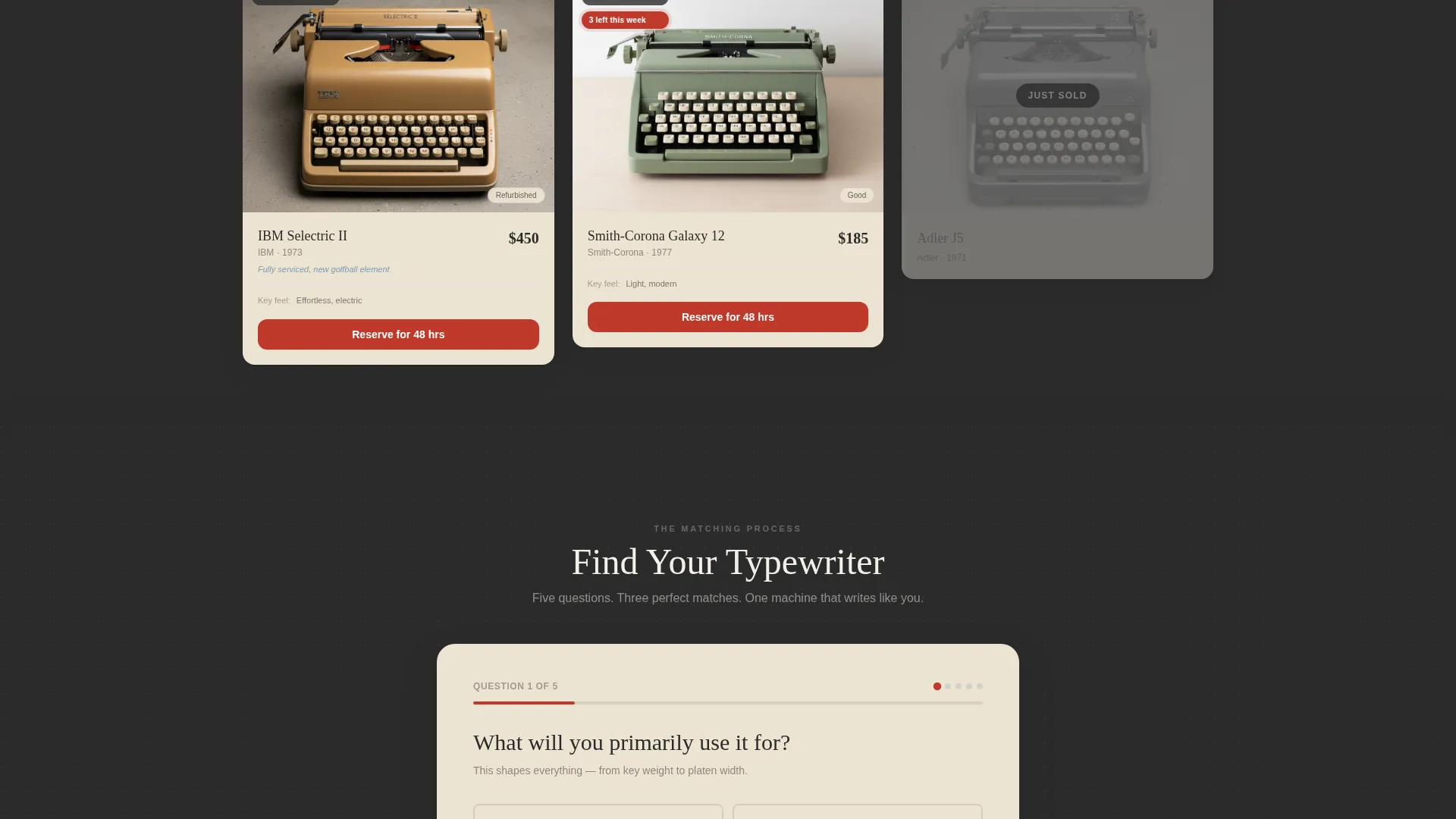Curated Vintage Typewriter Marketplace Landing Page