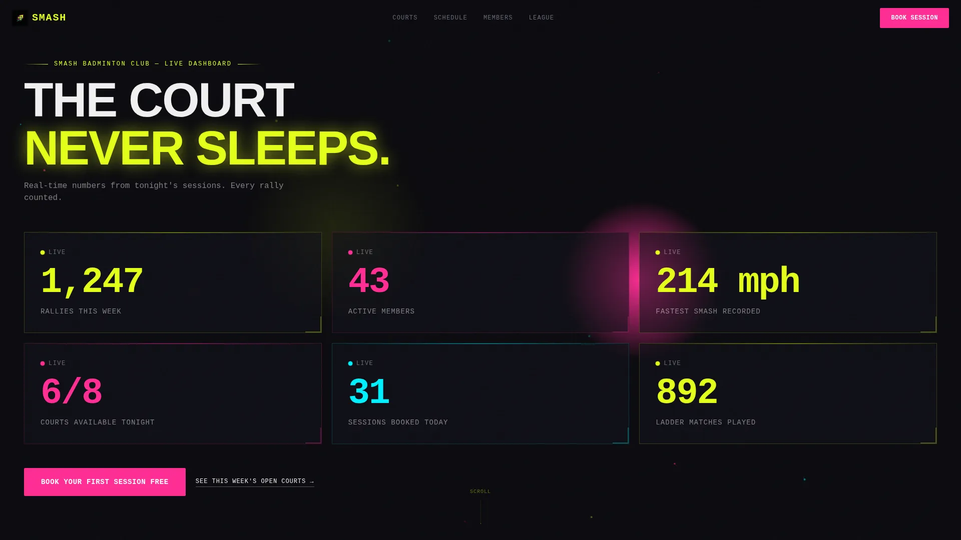 Badminton Club Landing Page Template with Neon Design
