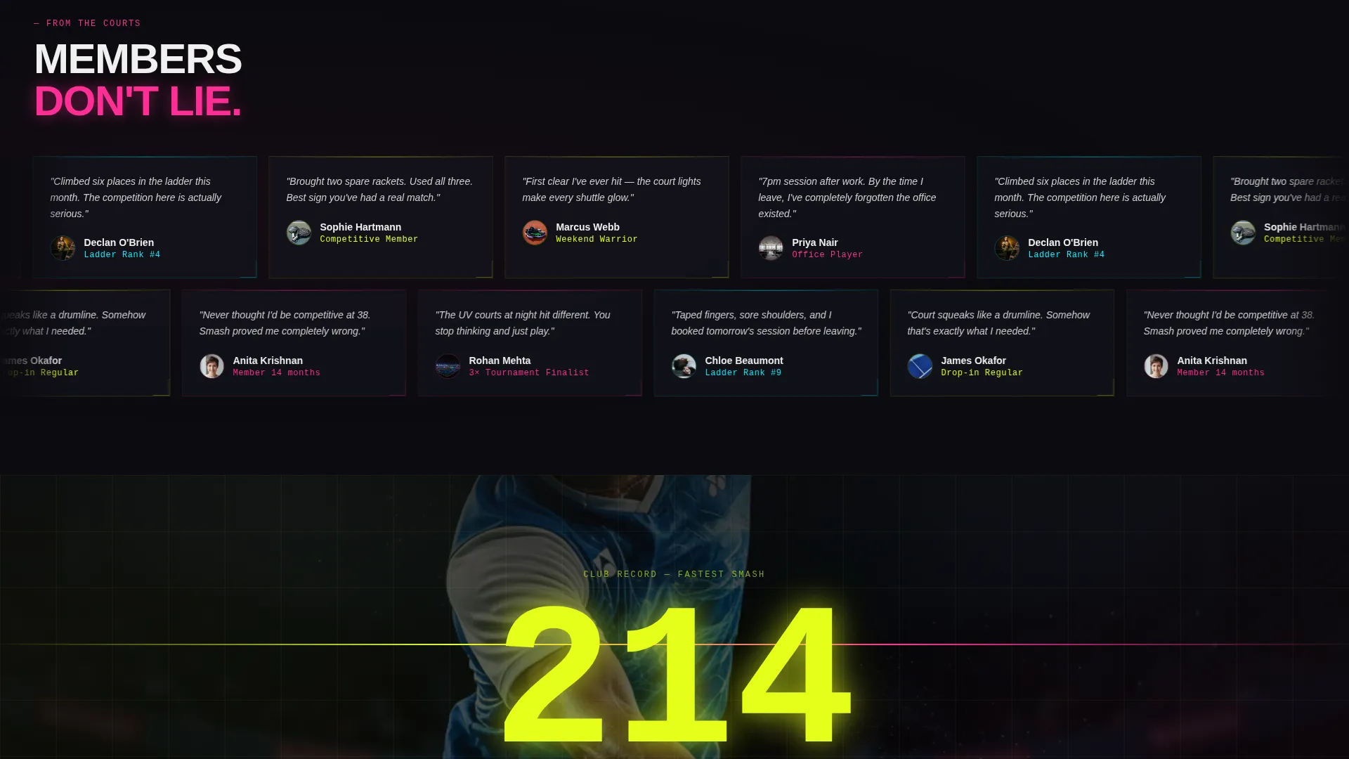 Badminton Club Landing Page Template with Neon Design