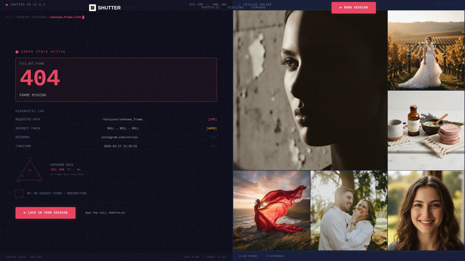 Photography Studio 404 Error Portfolio Discovery Website Template