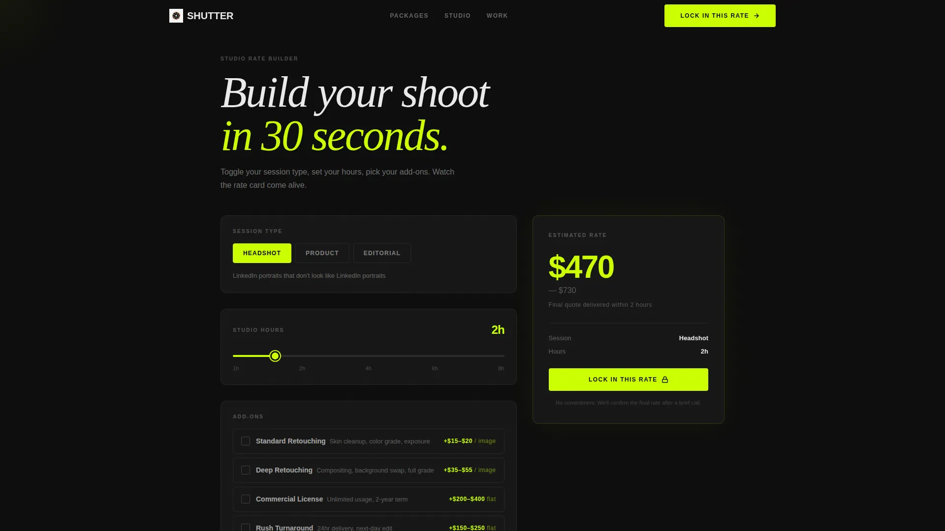 Downtown Commercial Photography Studio Estimator Website Template