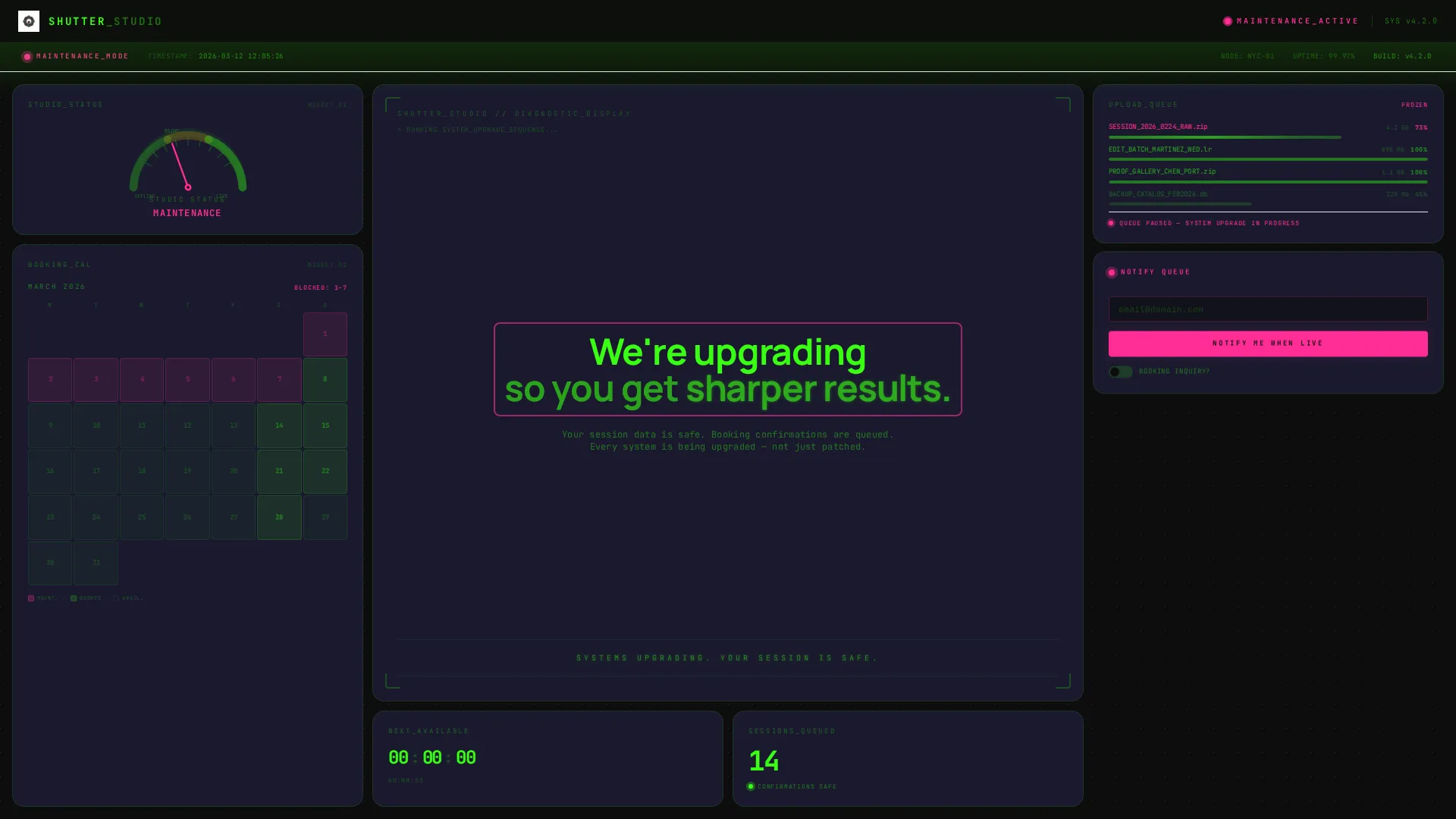 Photography Studio Site Maintenance Live Status Website Template