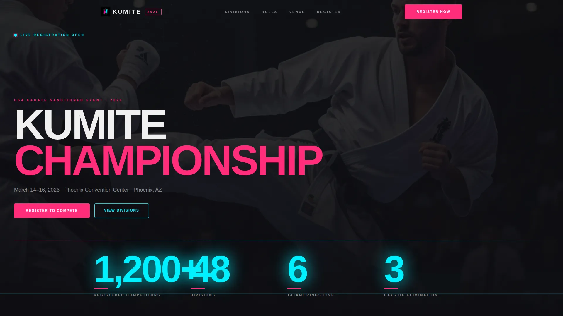 Electric Karate Tournament Registration Landing Page