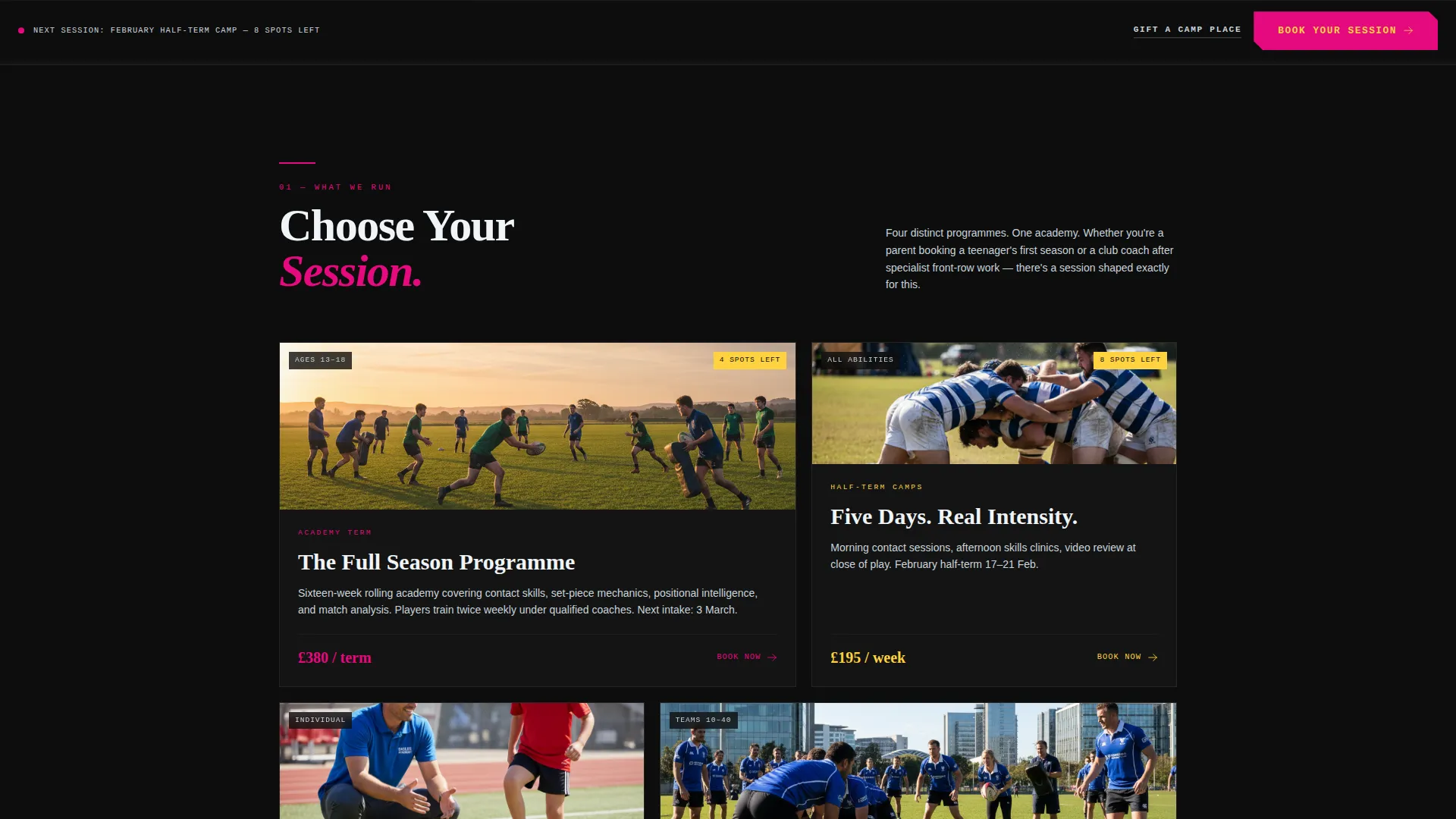 Rugby Academy Landing Page Template | Booking & Scheduling