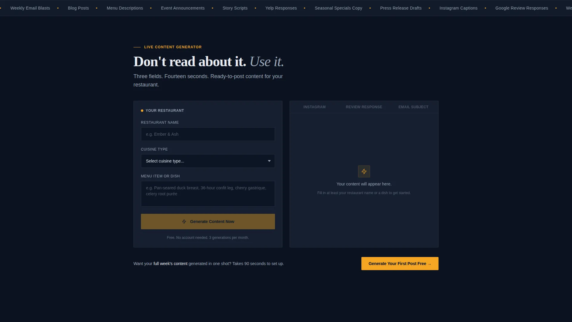 Restaurant AI Content Writer Landing Page Template
