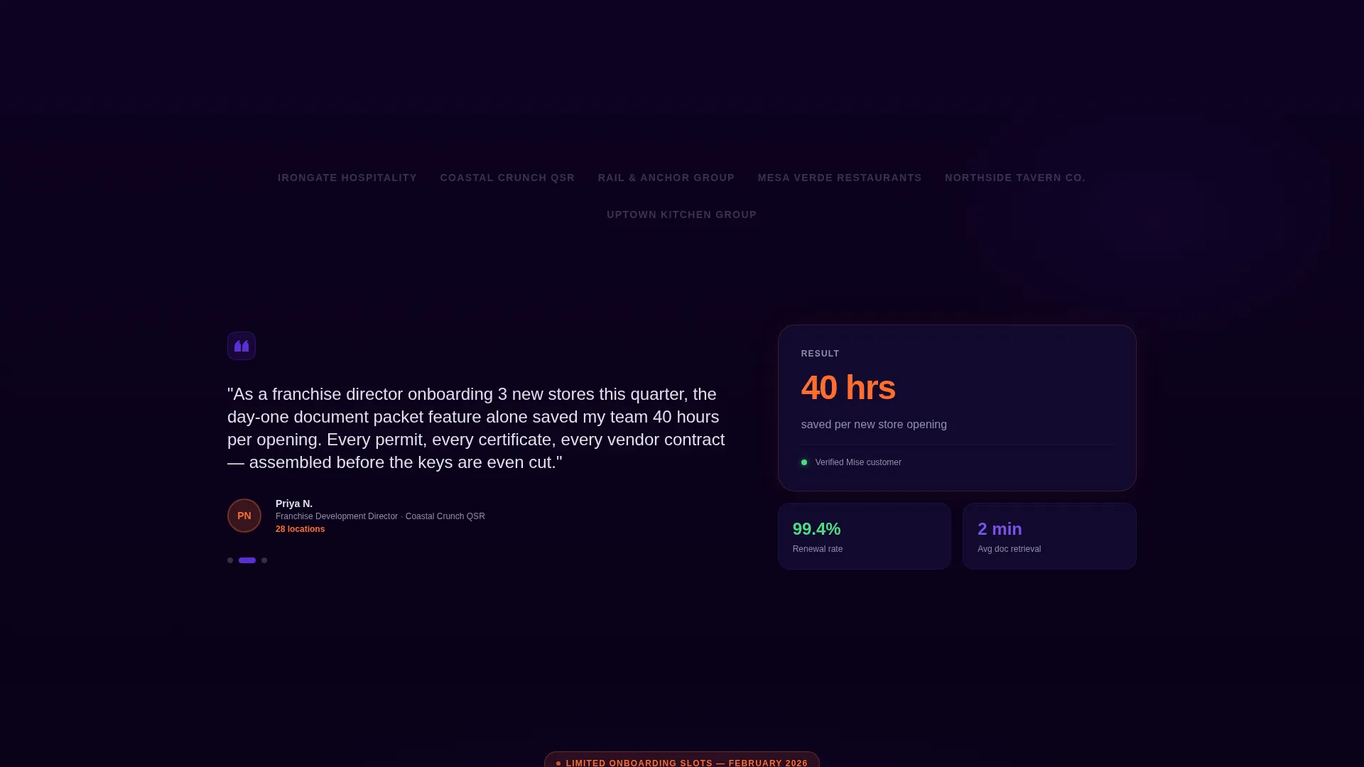 Restaurant Compliance Document Management Landing Page