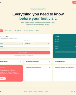 Restaurant FAQ & Pre-Visit Questions Website Template