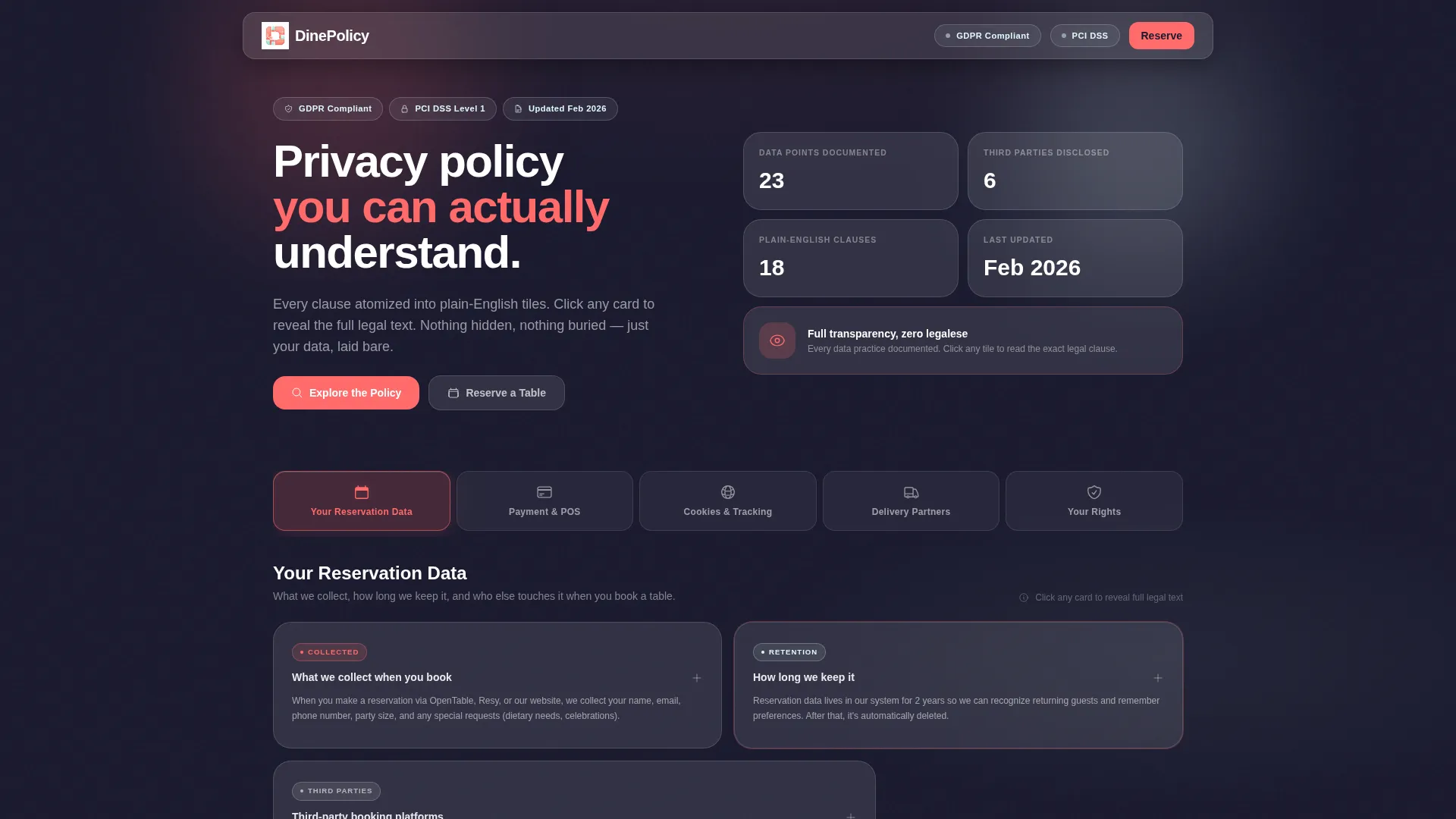 Restaurant Privacy Policy & Data Terms Website Template