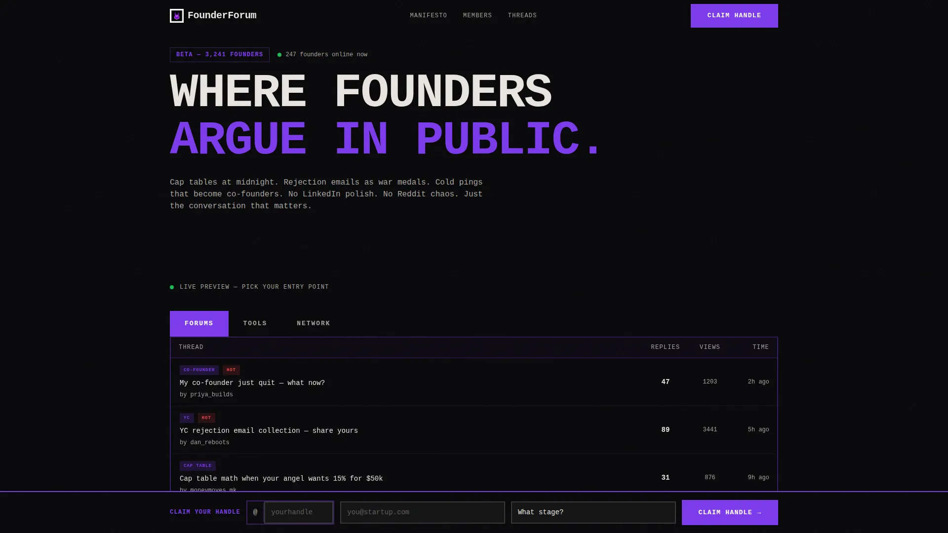 Brutalist Startup Community Forum Landing Page