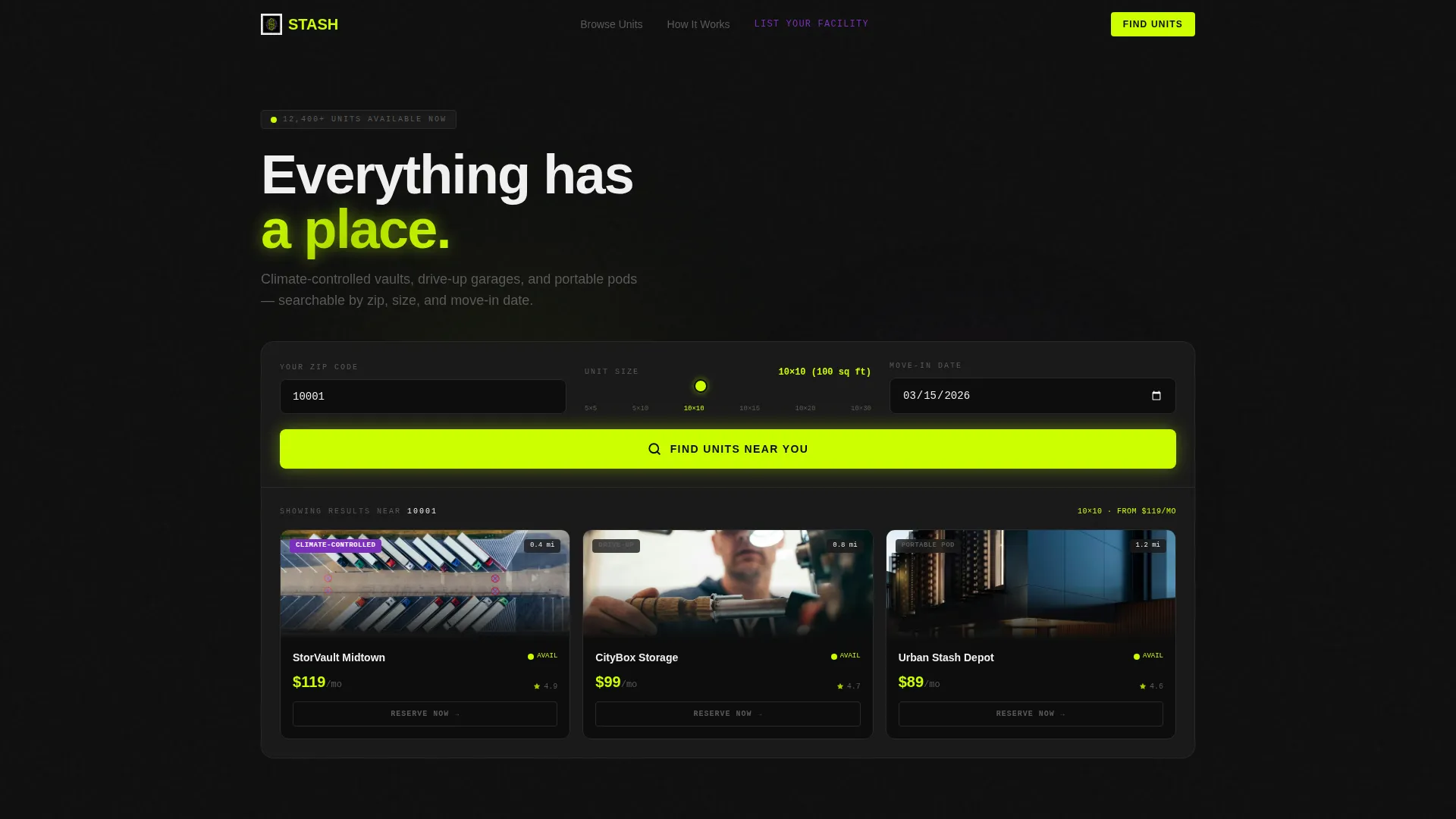 Dynamic Storage Booking Landing Page Template