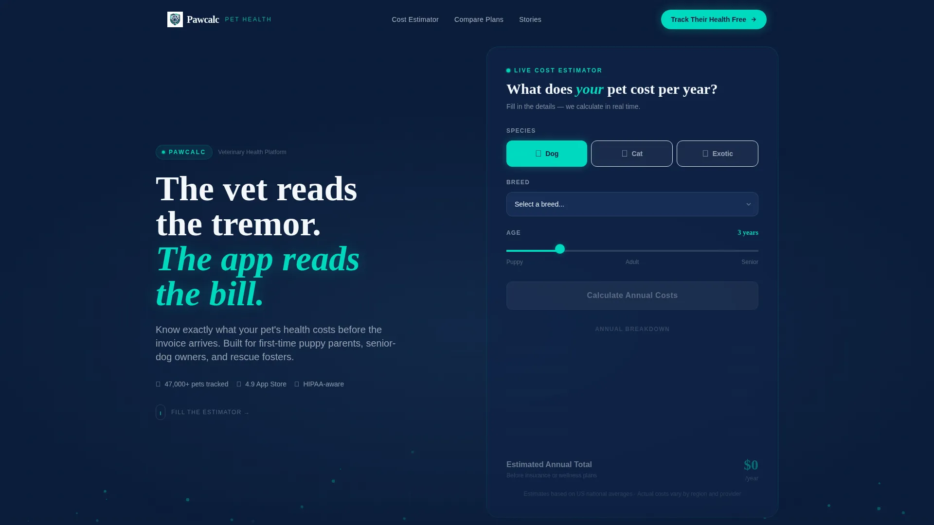 Veterinary Pet Care Cost Estimator Landing Page