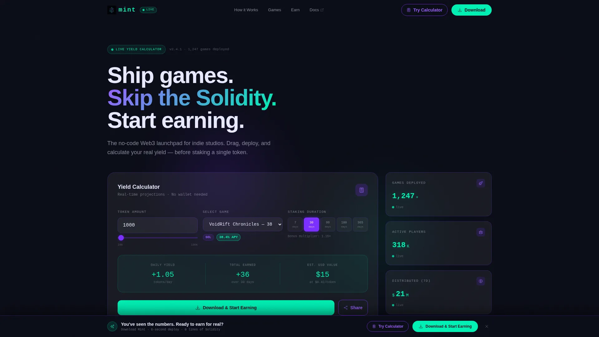 Web3 Gaming Landing Page Template with Yield Calculator