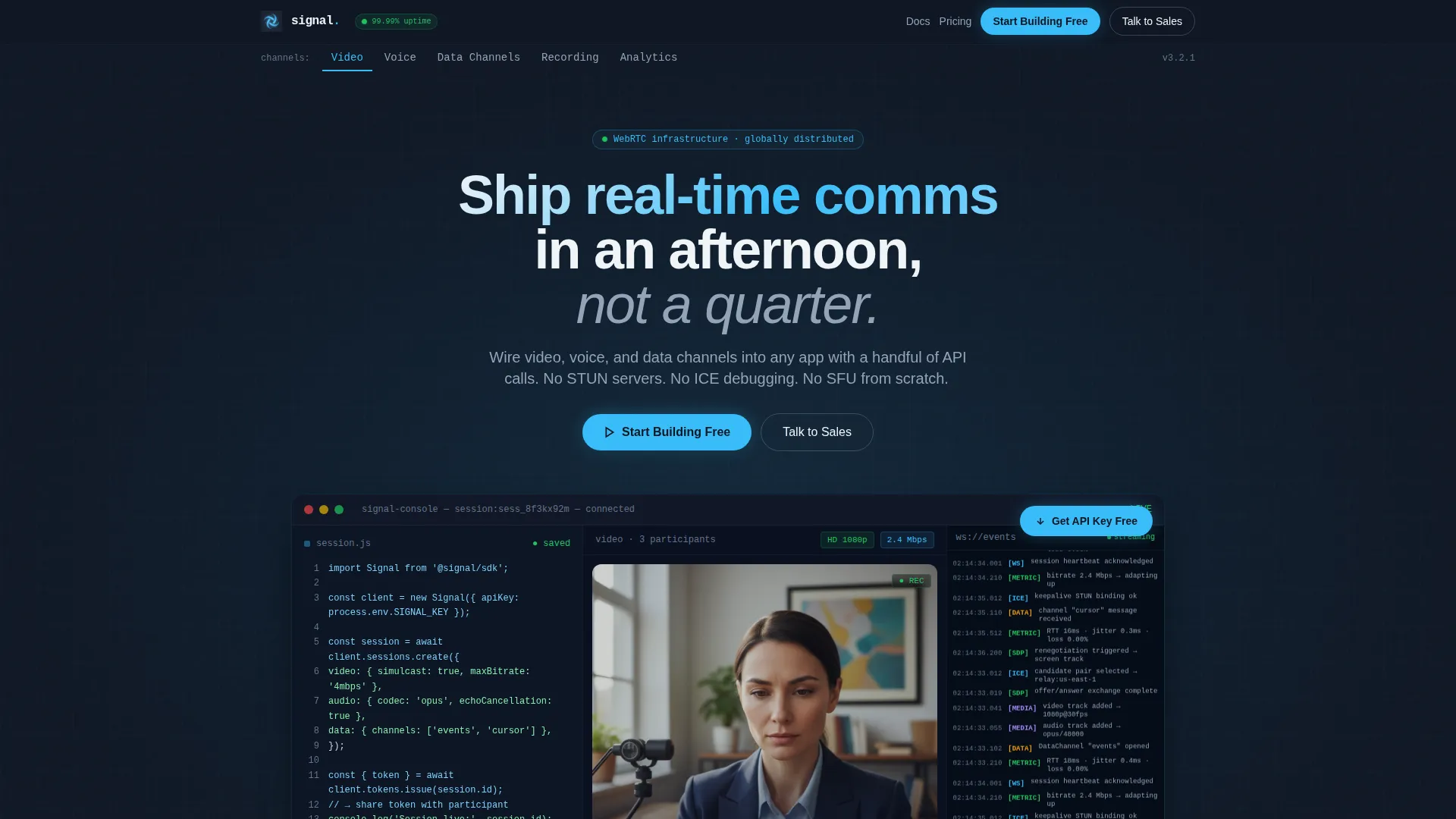 WebRTC Platform Landing Page Template for Developers