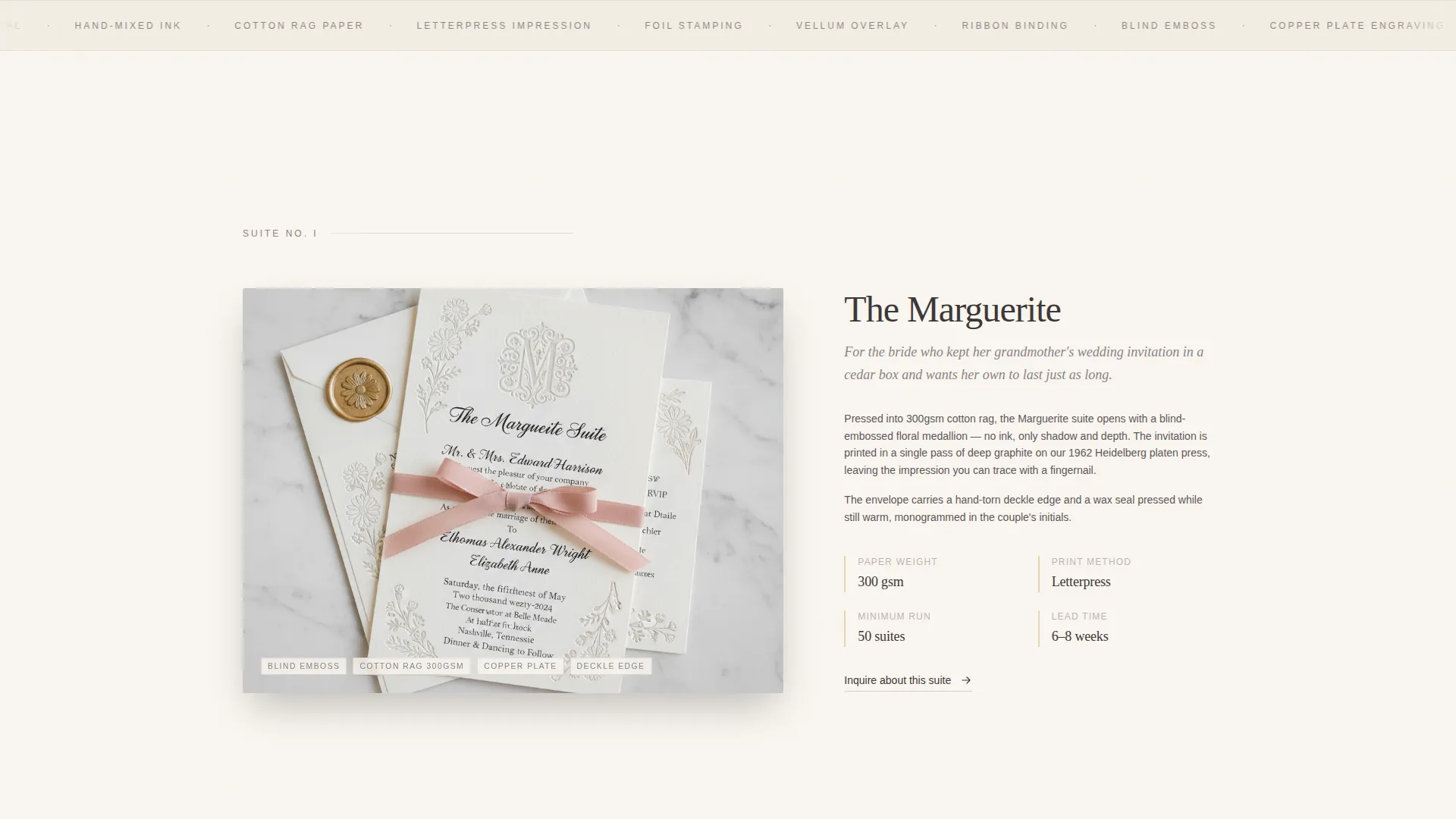 Letterpress Wedding Invitation Studio Landing Page