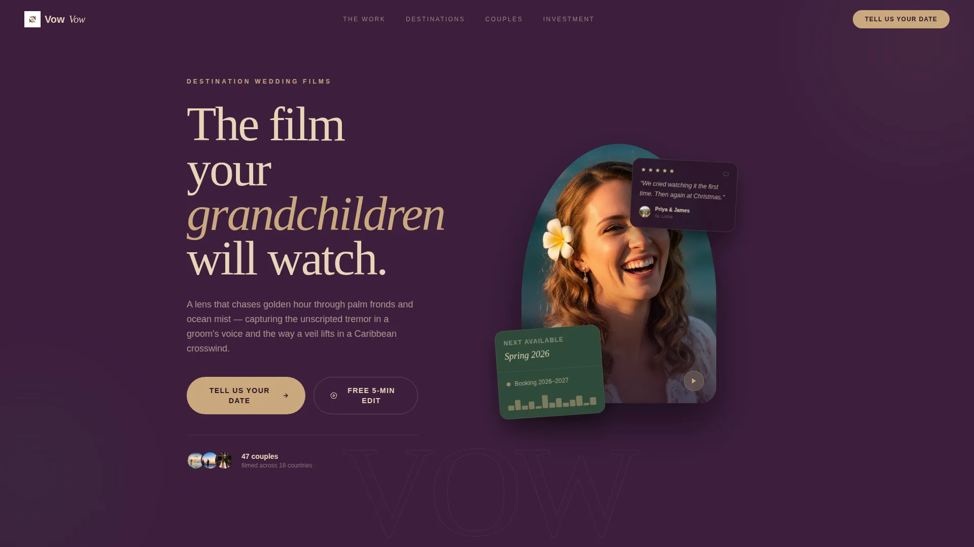 Cinematic Destination Wedding Videographer Landing Page