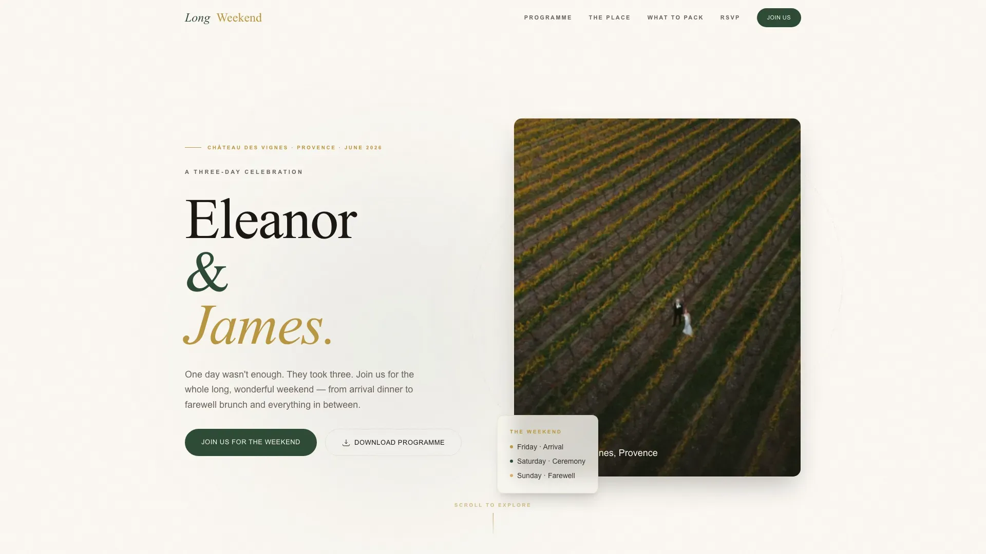 Editorial Multi-Day Wedding Landing Page Template