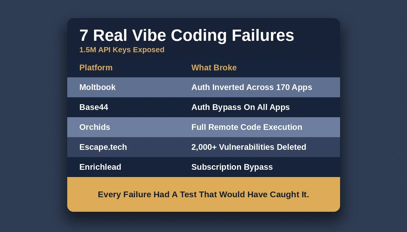 Seven documented vibe coding production failures from 2025-2026, each caused by a missing security primitive like RLS, auth, or key management