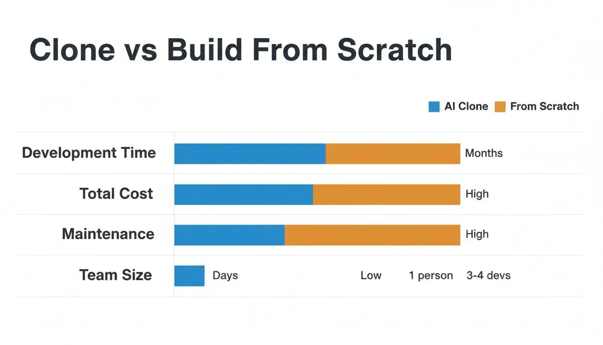 Bar chart comparing AI-built Stripe dashboard clone versus building from scratch across four metrics: development time, cost, maintenance, and team size — clone wins on all four