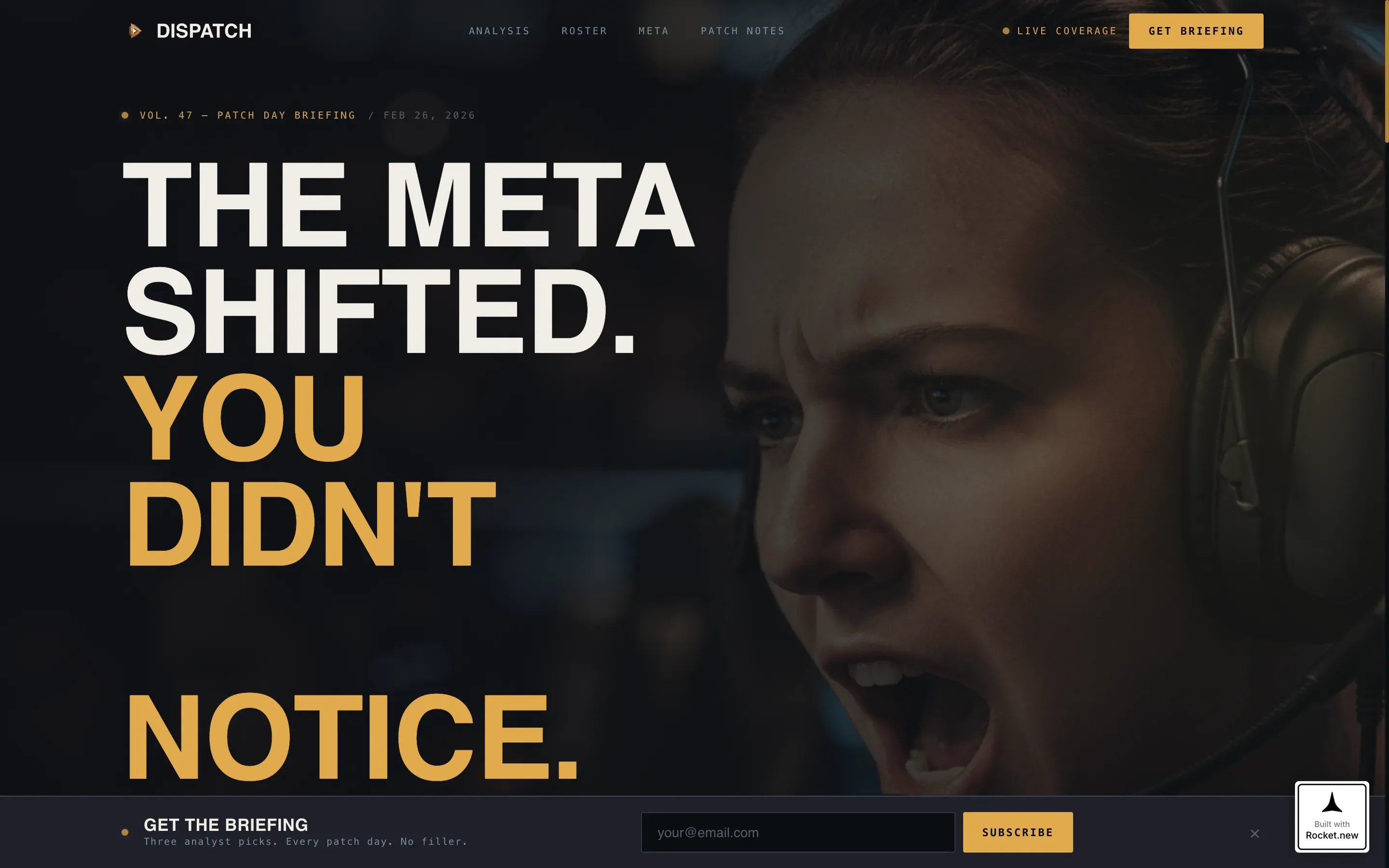 Cinematic Esports News & Analysis Landing Page