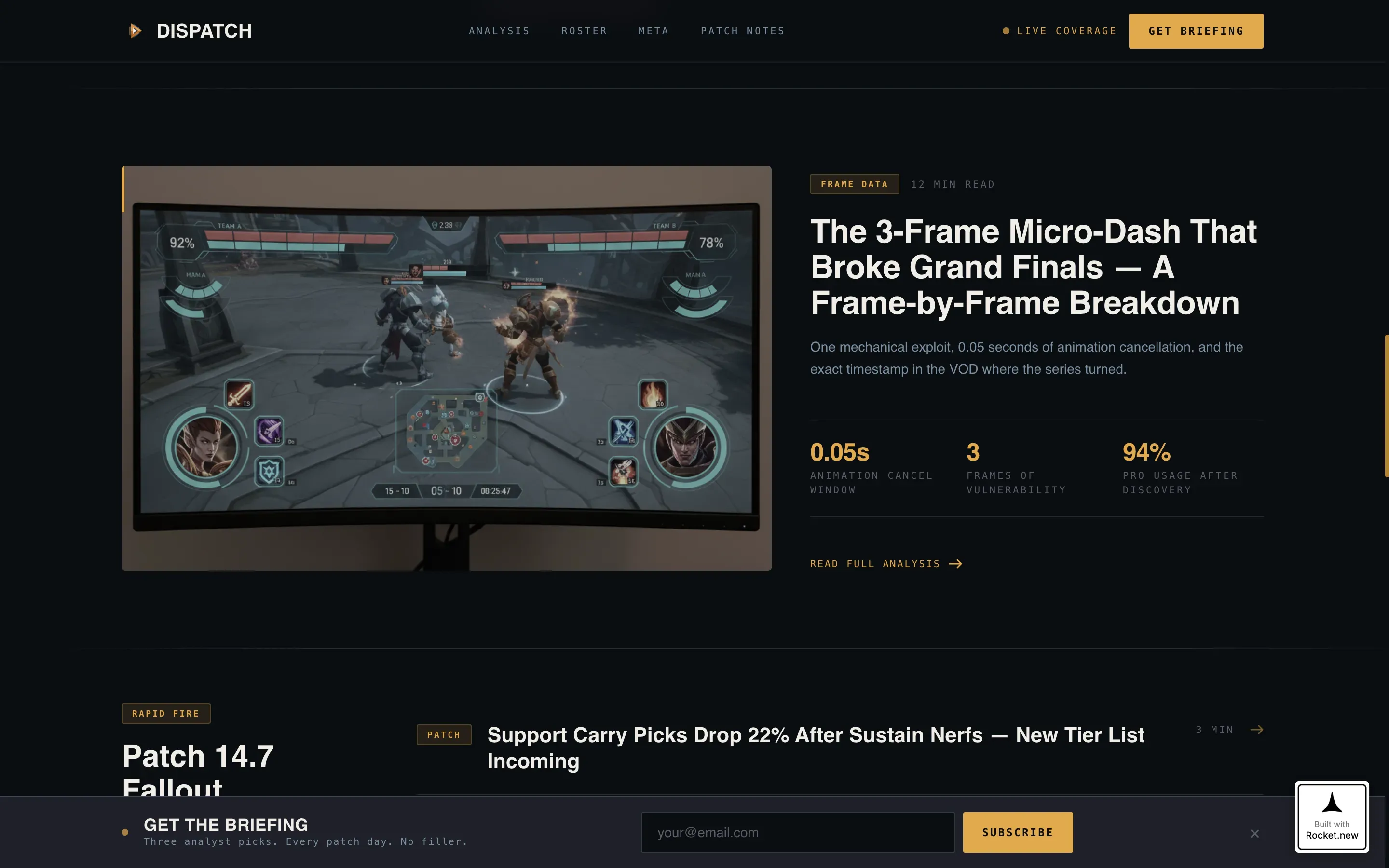Cinematic Esports News & Analysis Landing Page