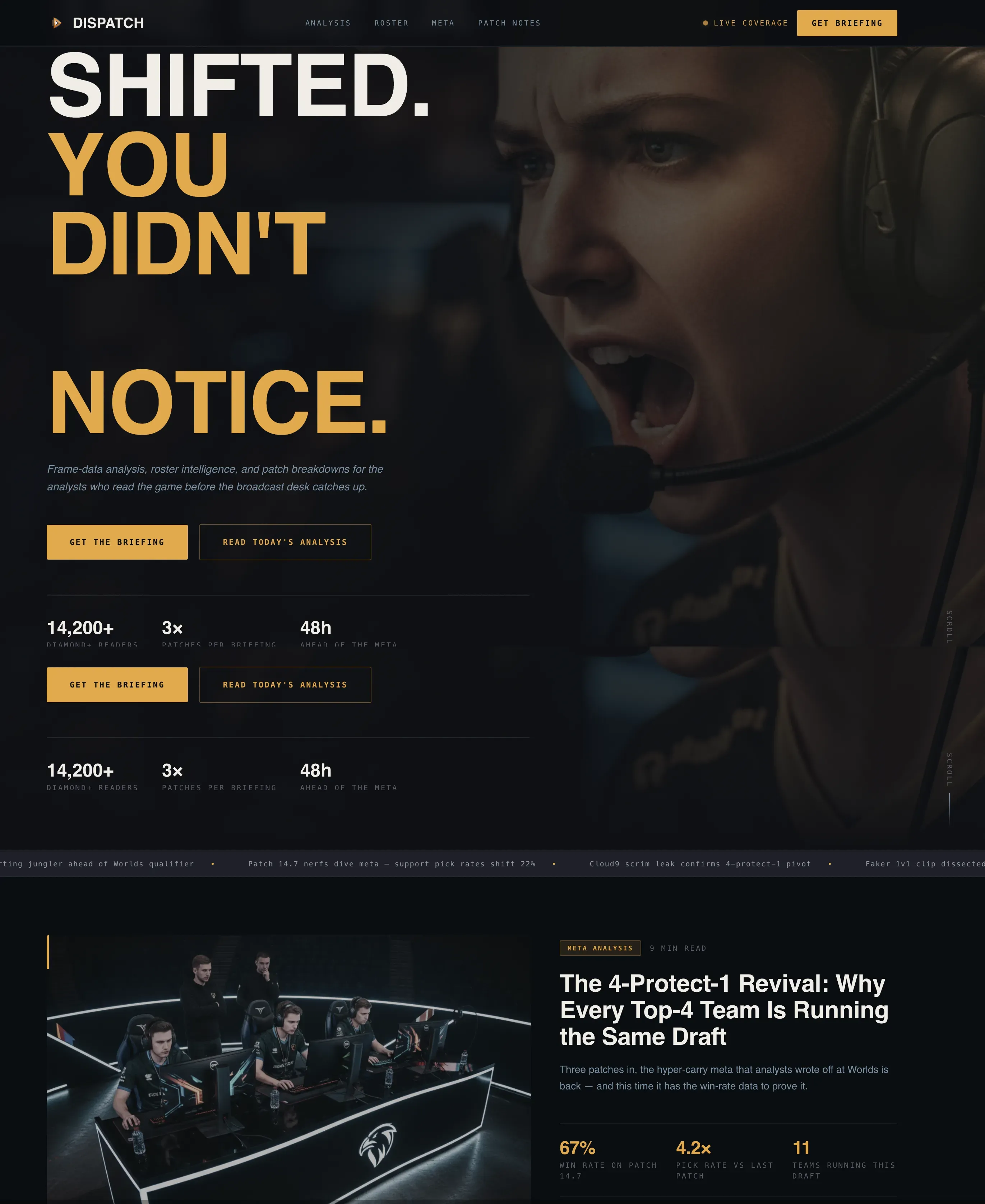 Cinematic Esports News & Analysis Landing Page
