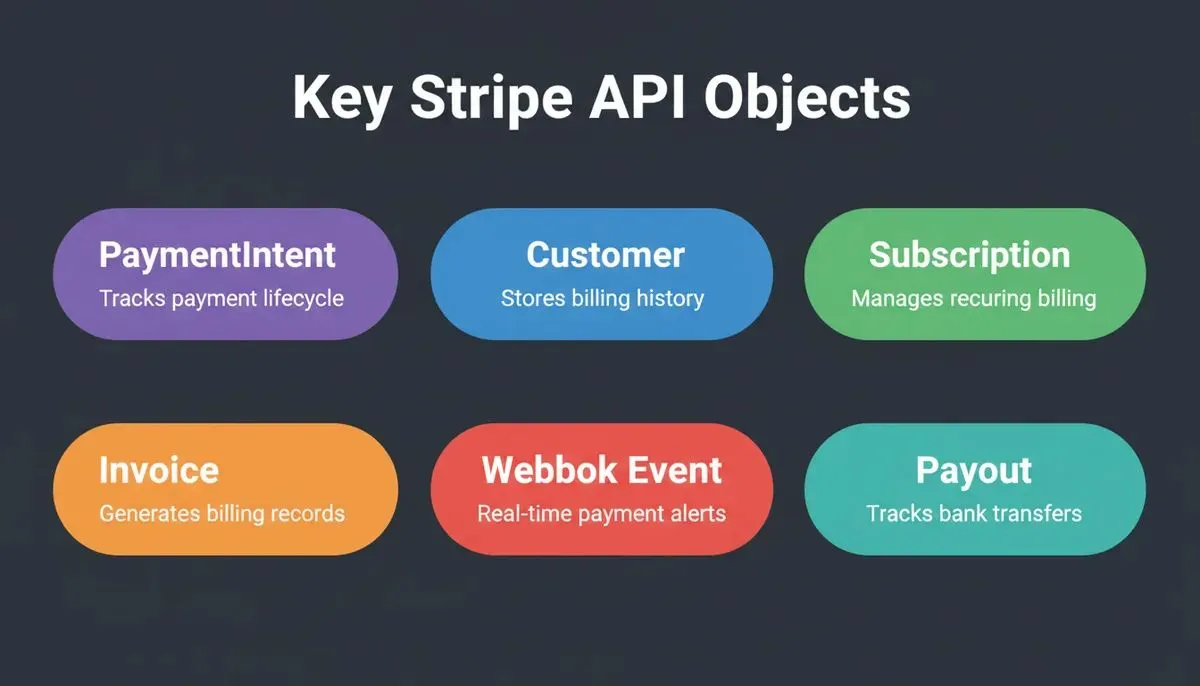 Six core Stripe API objects shown as colored labels: PaymentIntent, Customer, Subscription, Invoice, Webhook Event, and Payout — each with a one-line description of its purpose